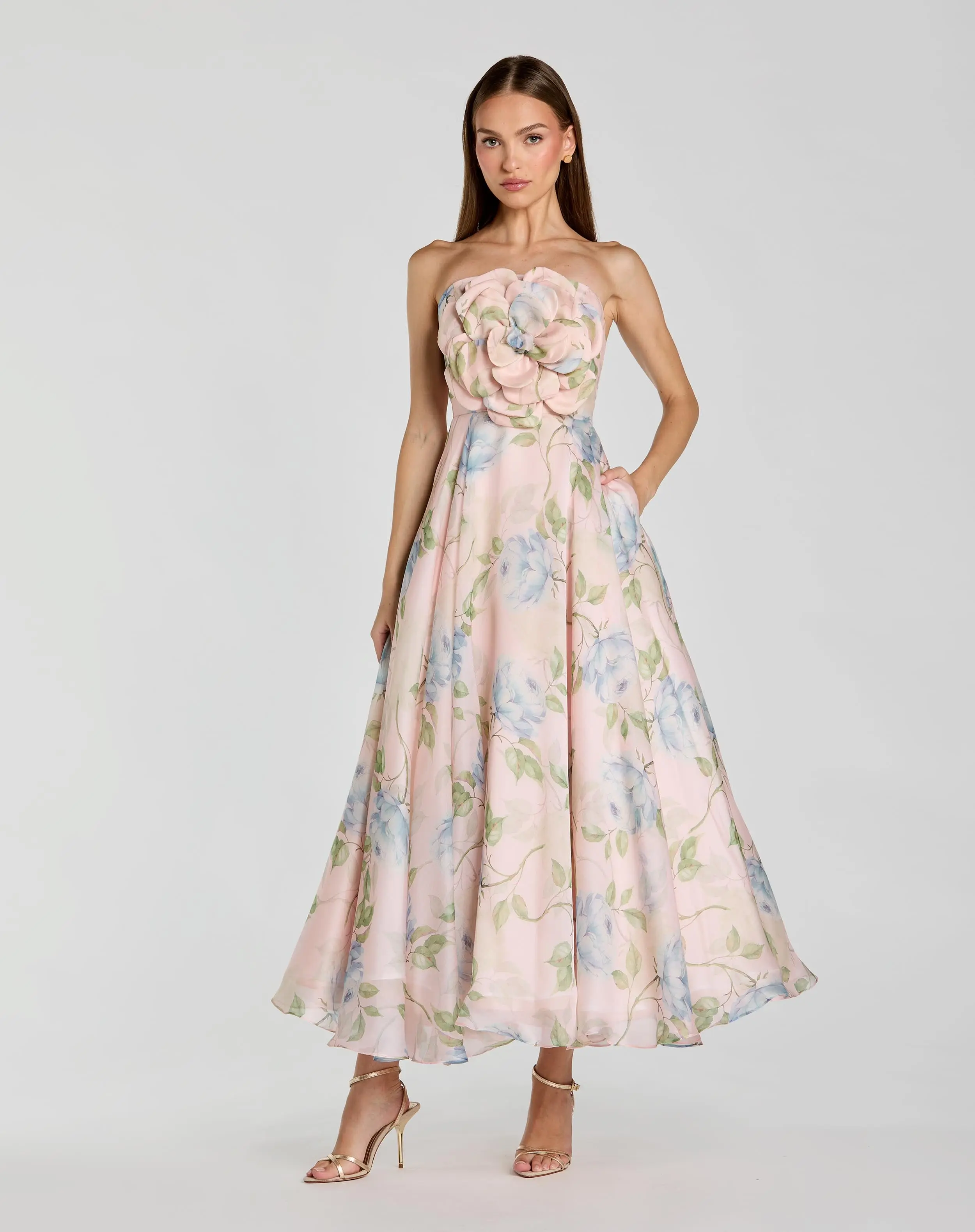 Pink Strapless Floral Organza Midi Dress With Flower - Special Events Unlimited