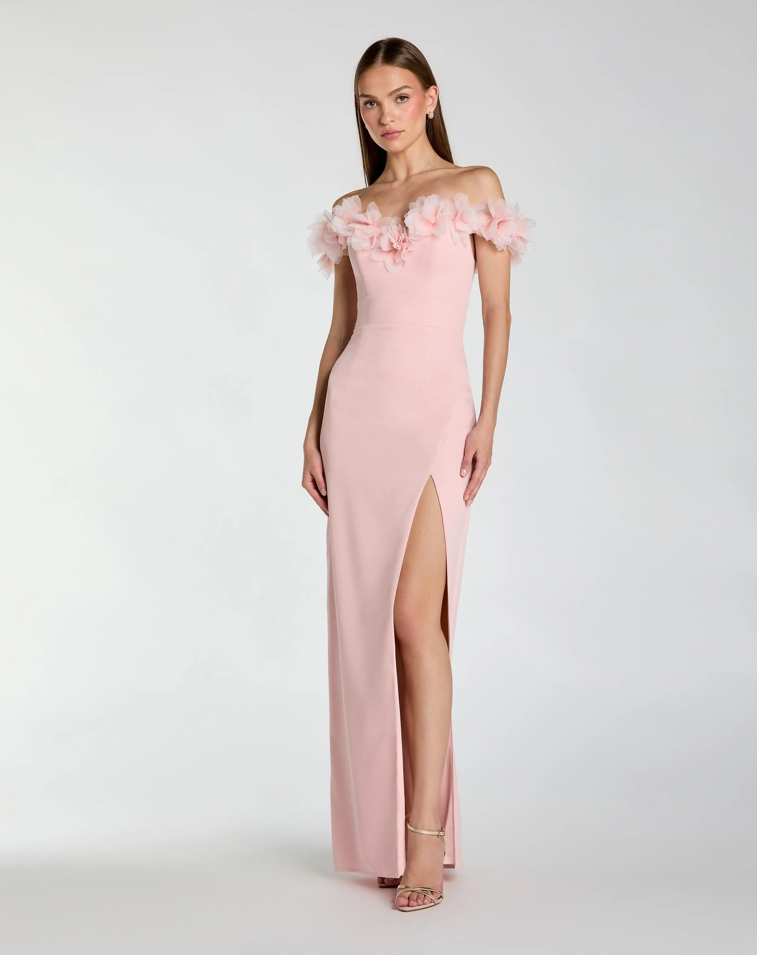 Pink Off The Shoulder Column Gown With 3D Flowers - Special Events Unlimited