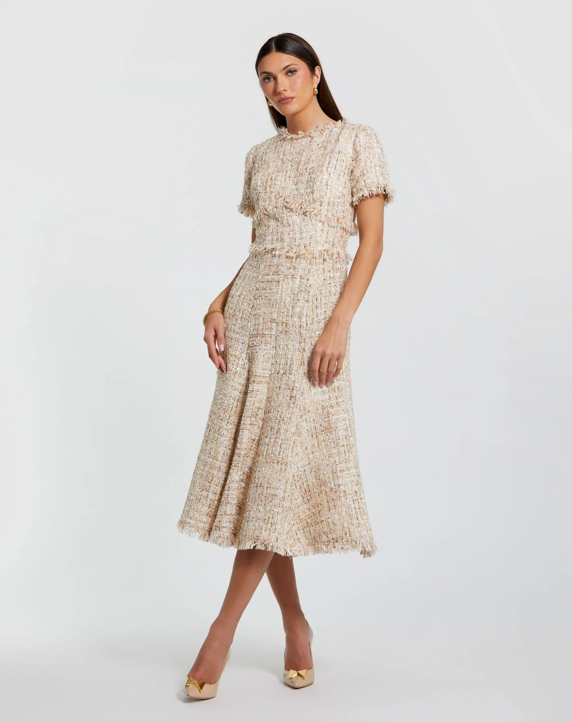 Petite Beige Boucle Short Sleeve A Line Midi Dress - Special Events Unlimited