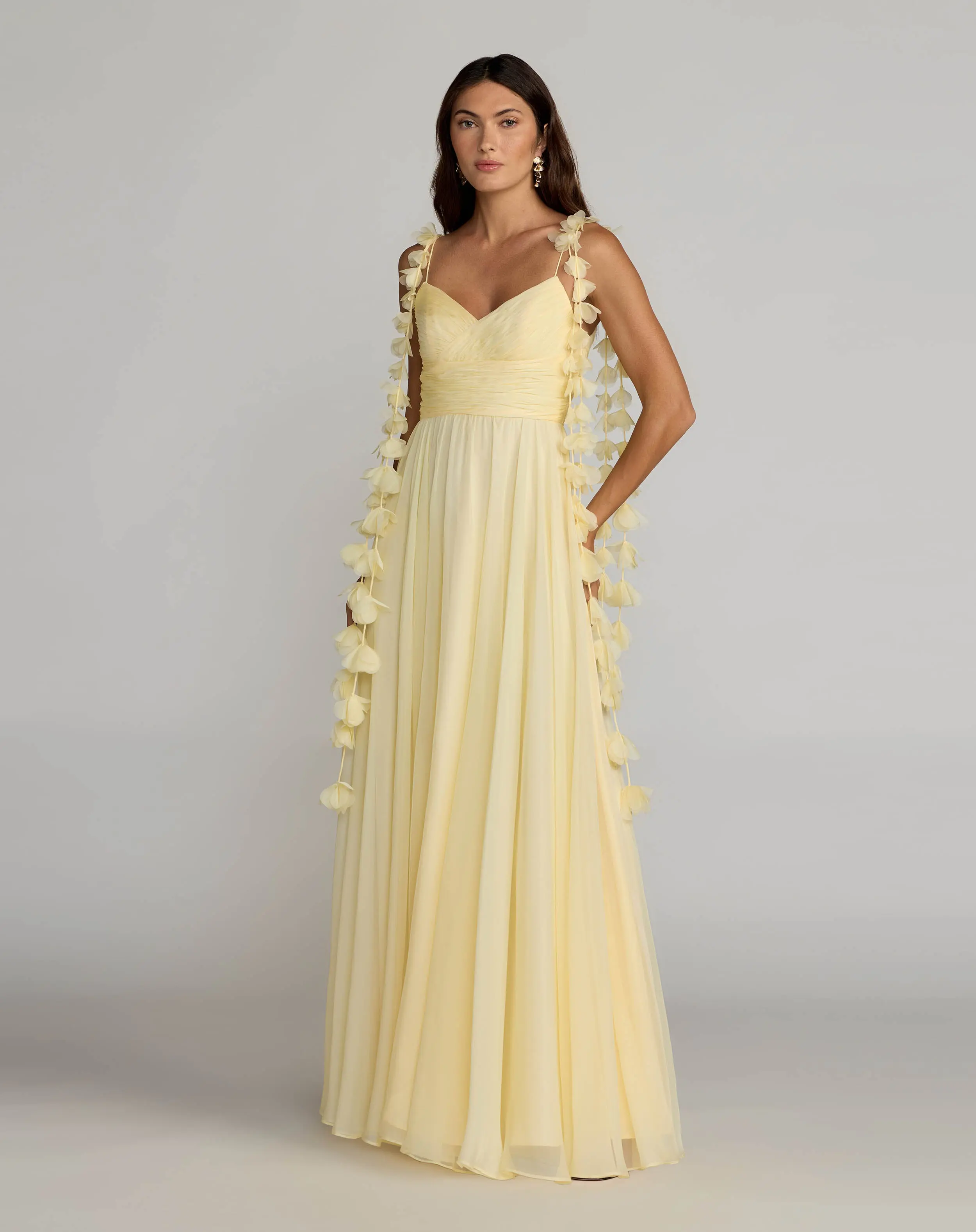 Yellow Chiffon A Line Gown With 3D Flower Straps - Special Events Unlimited