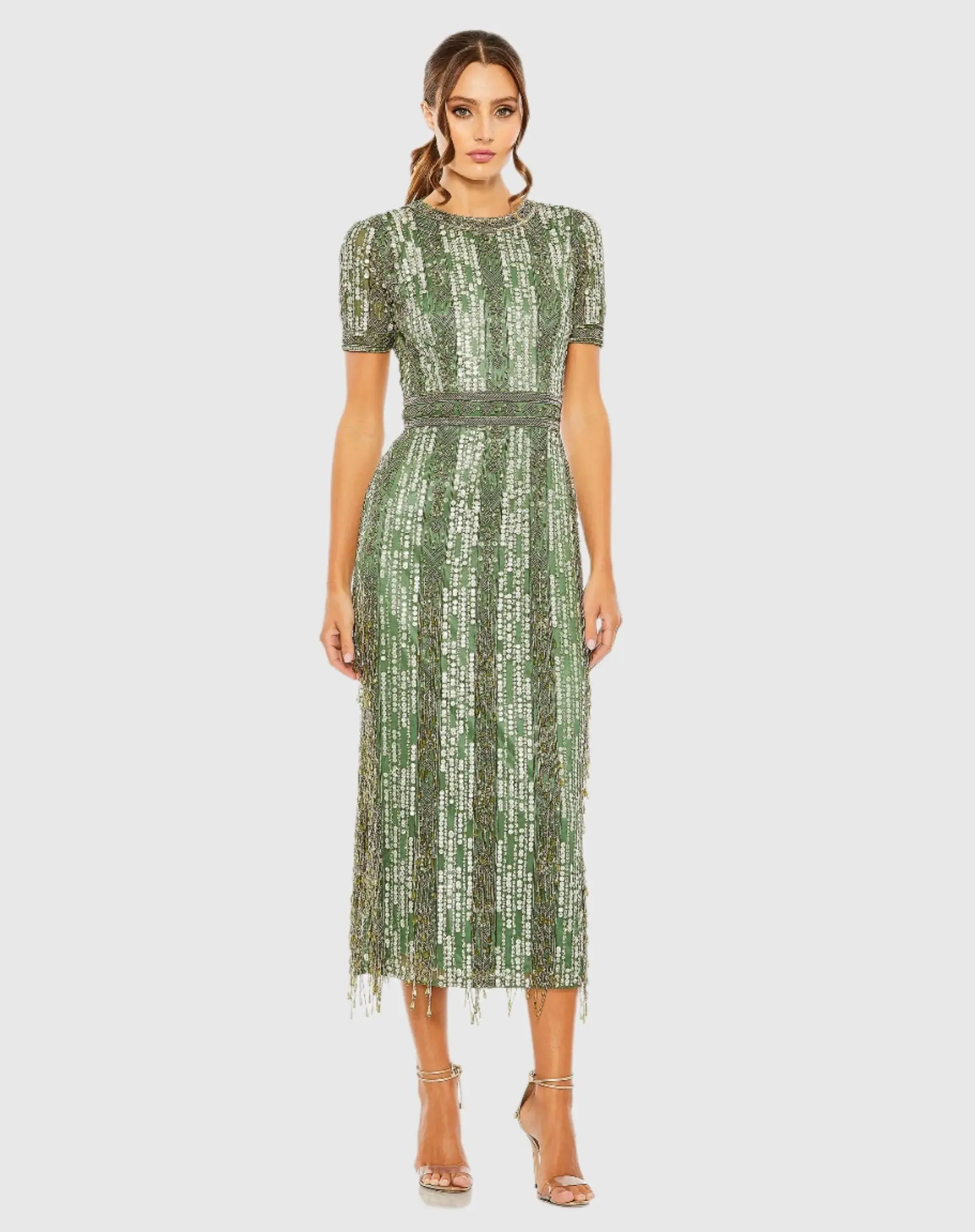 Green High Neck Short Sleeve Crystal Fringe Sheath Dress - Special Events Unlimited