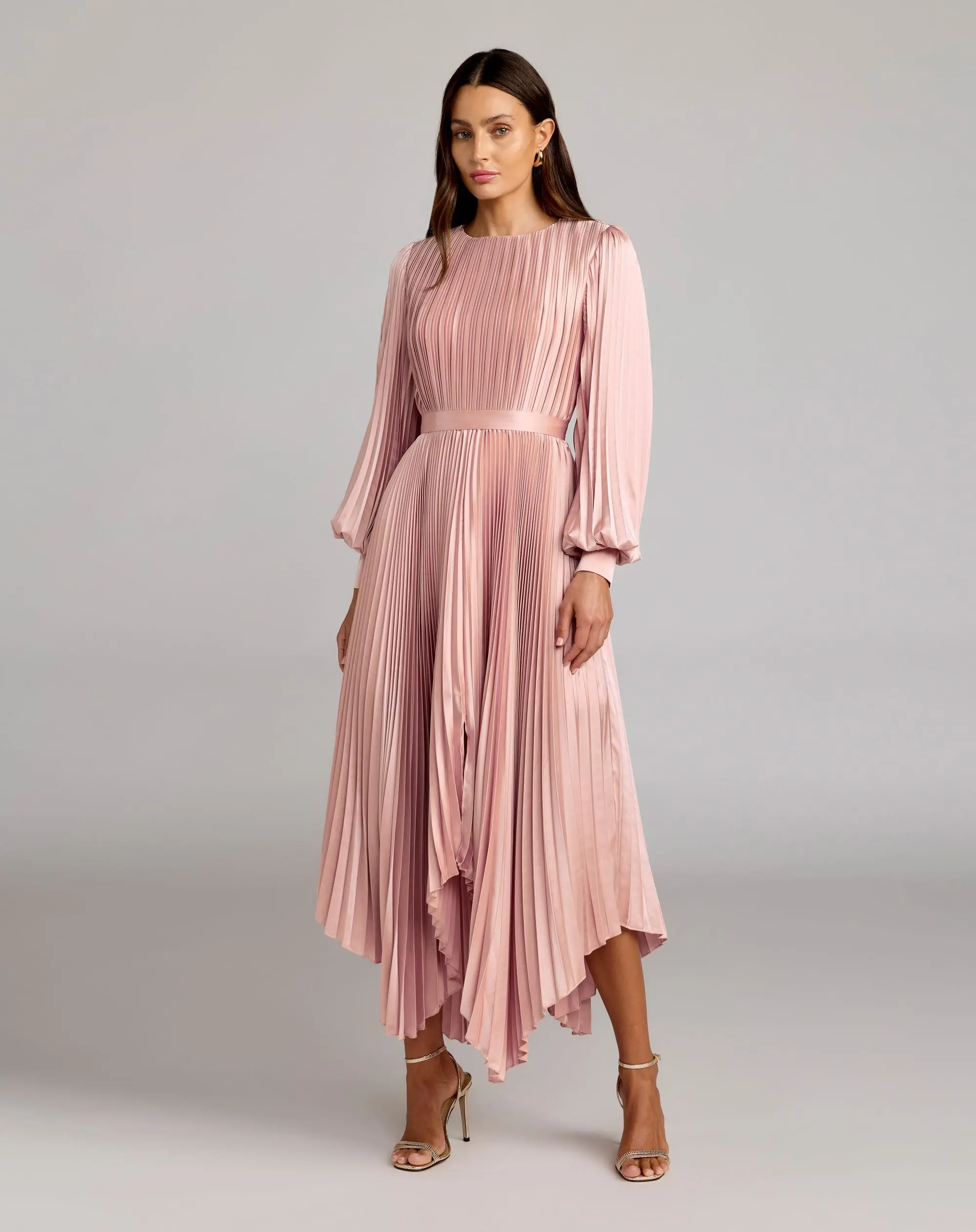 Pink Long Sleeve Pleated Charmeuse Handkerchief Dress - Special Events Unlimited