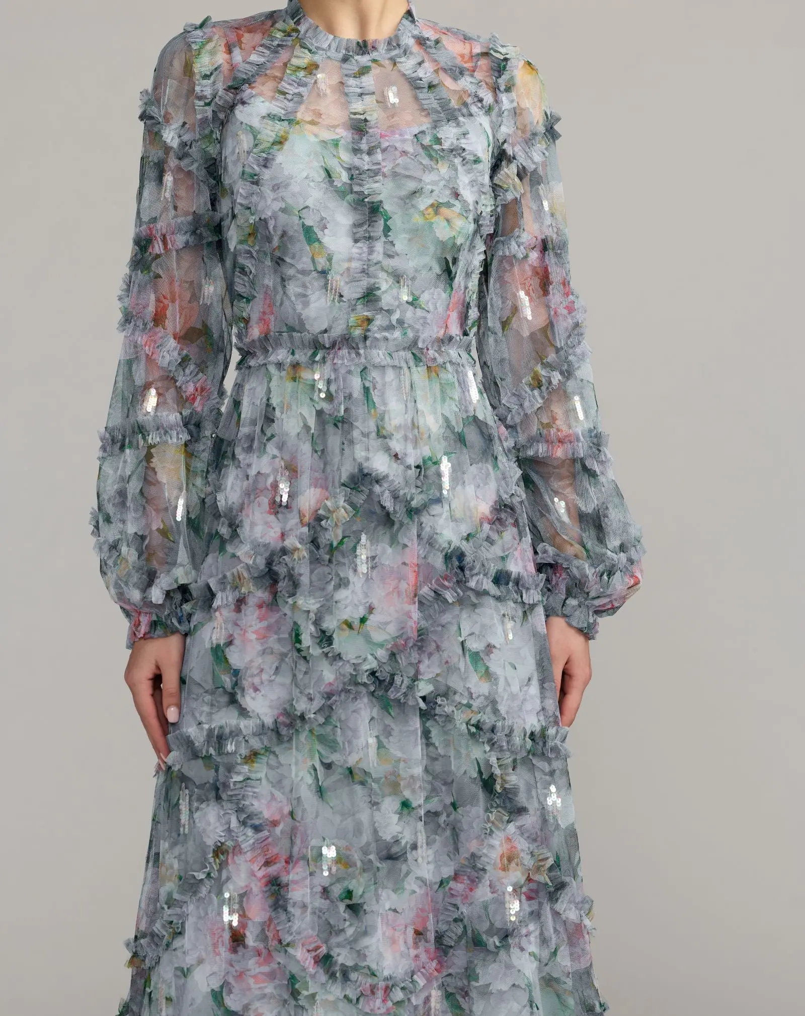 Blue Floral Long Sleeve High Neck Ruffle Maxi Dress - Special Events Unlimited