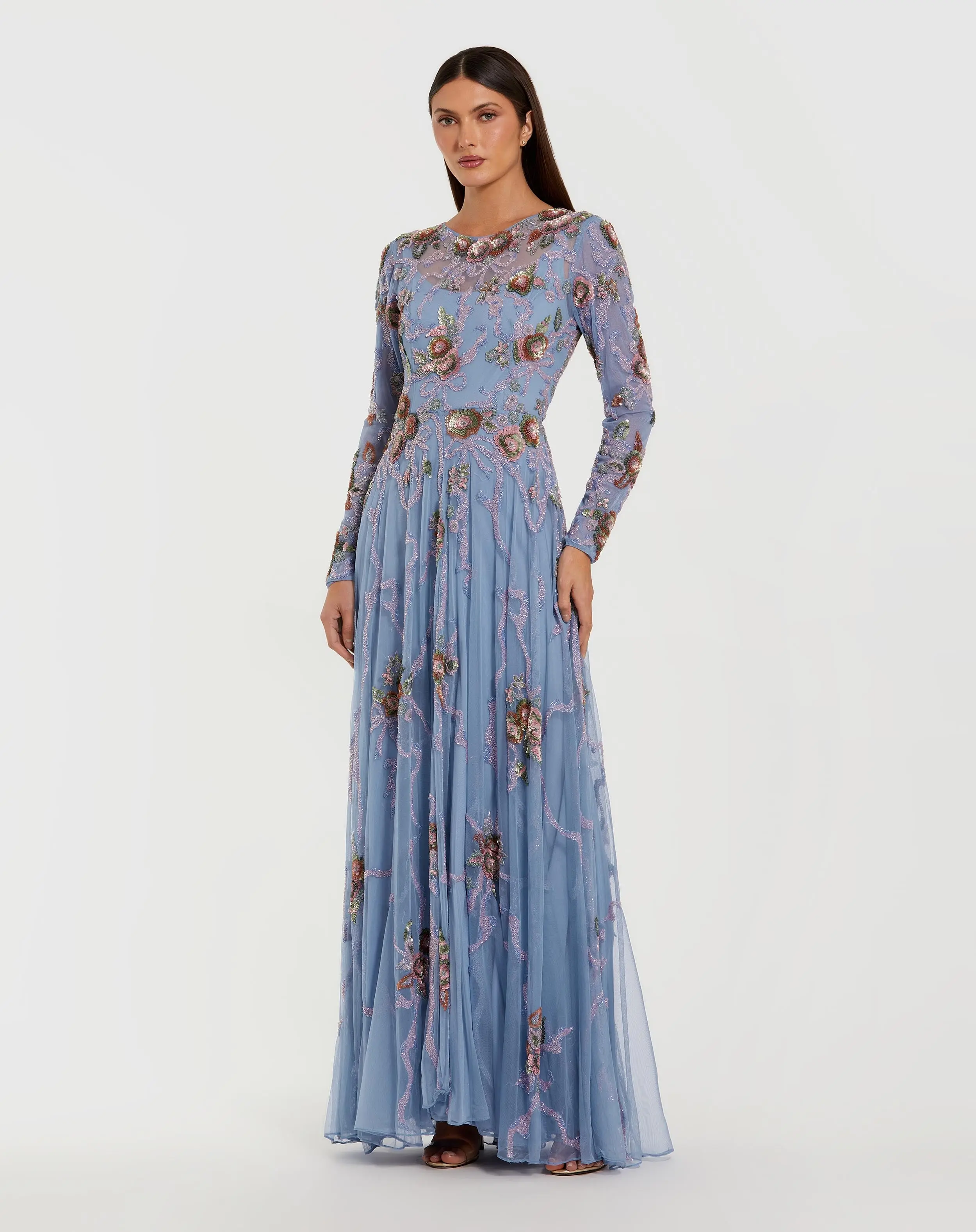 Blue Floral Bow Beaded Long Sleeve Gown - Special Events Unlimited