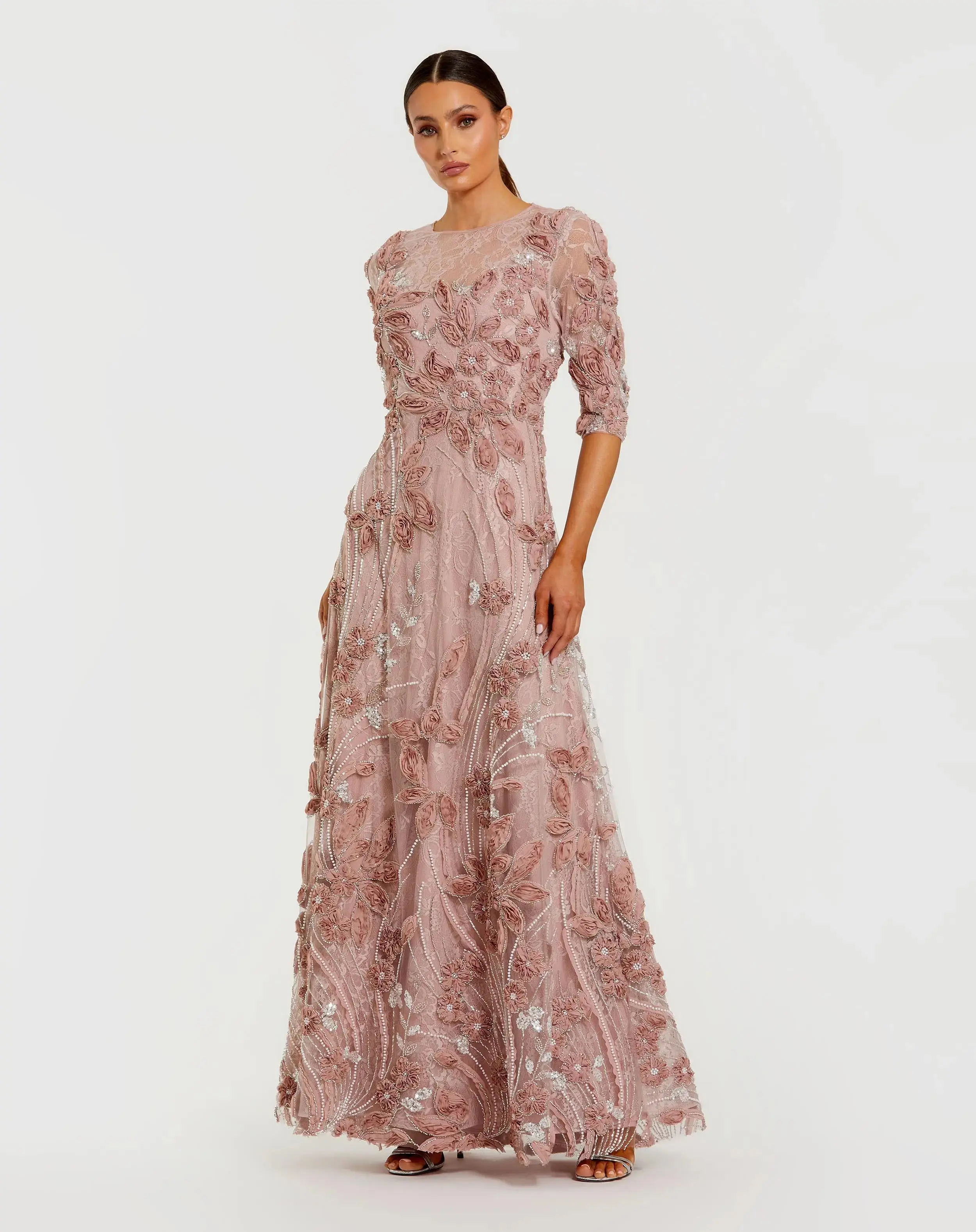 Pink High Neck Embellished Lace Gown with 3/4 Sleeves - Special Events Unlimited