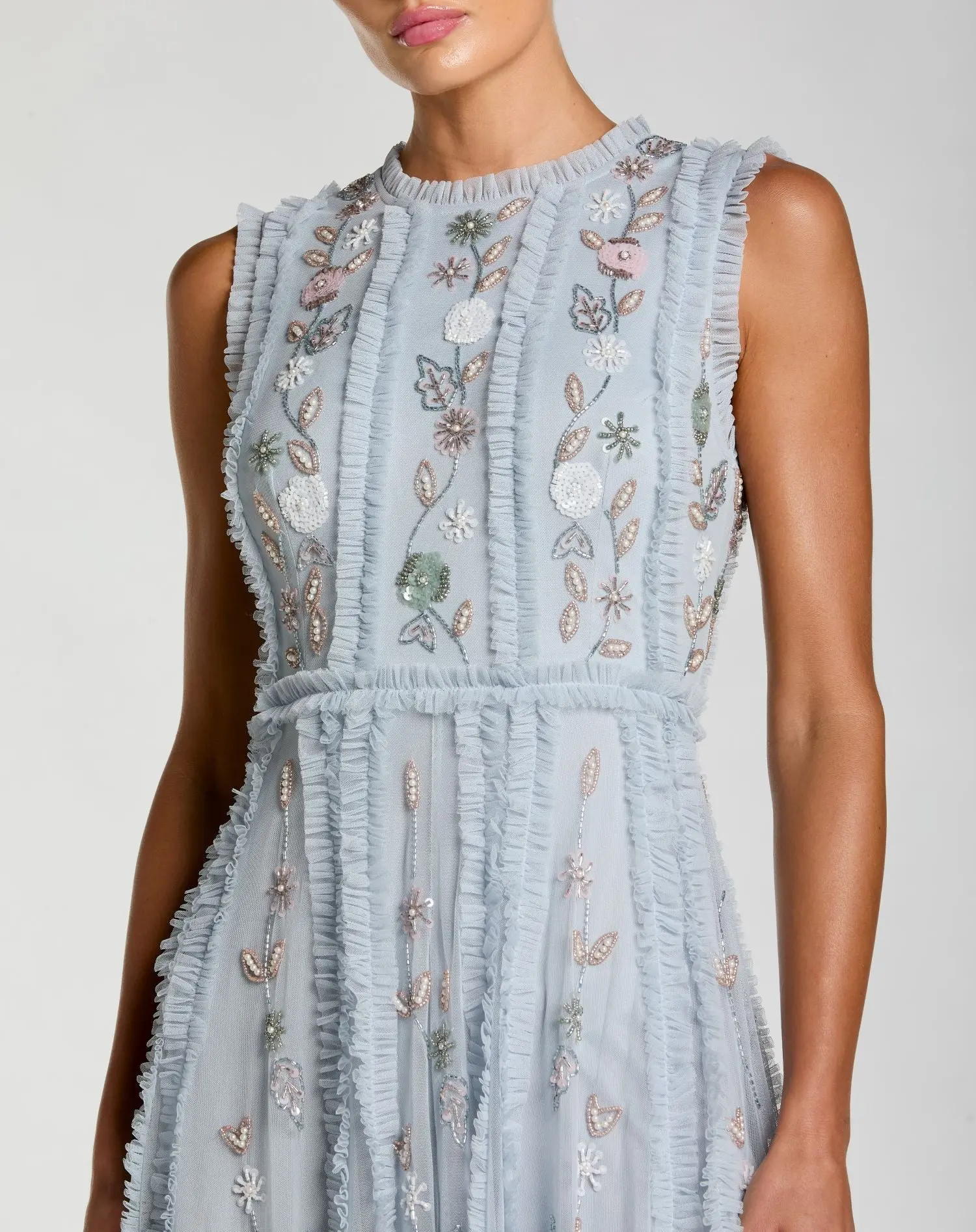 Blue Floral Mesh Sleeveless A Line Micro Ruffle Gown - Special Events Unlimited