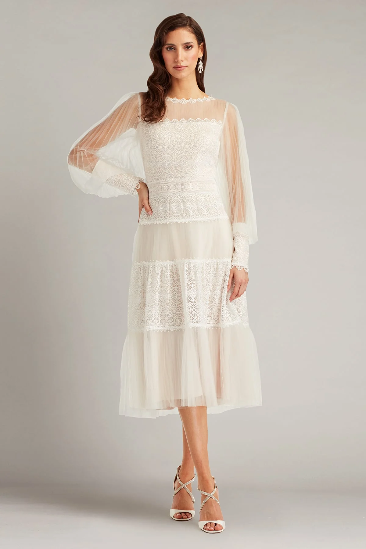 Anaka Pleated Tulle Embroidered Midi Dress - Special Events Unlimited