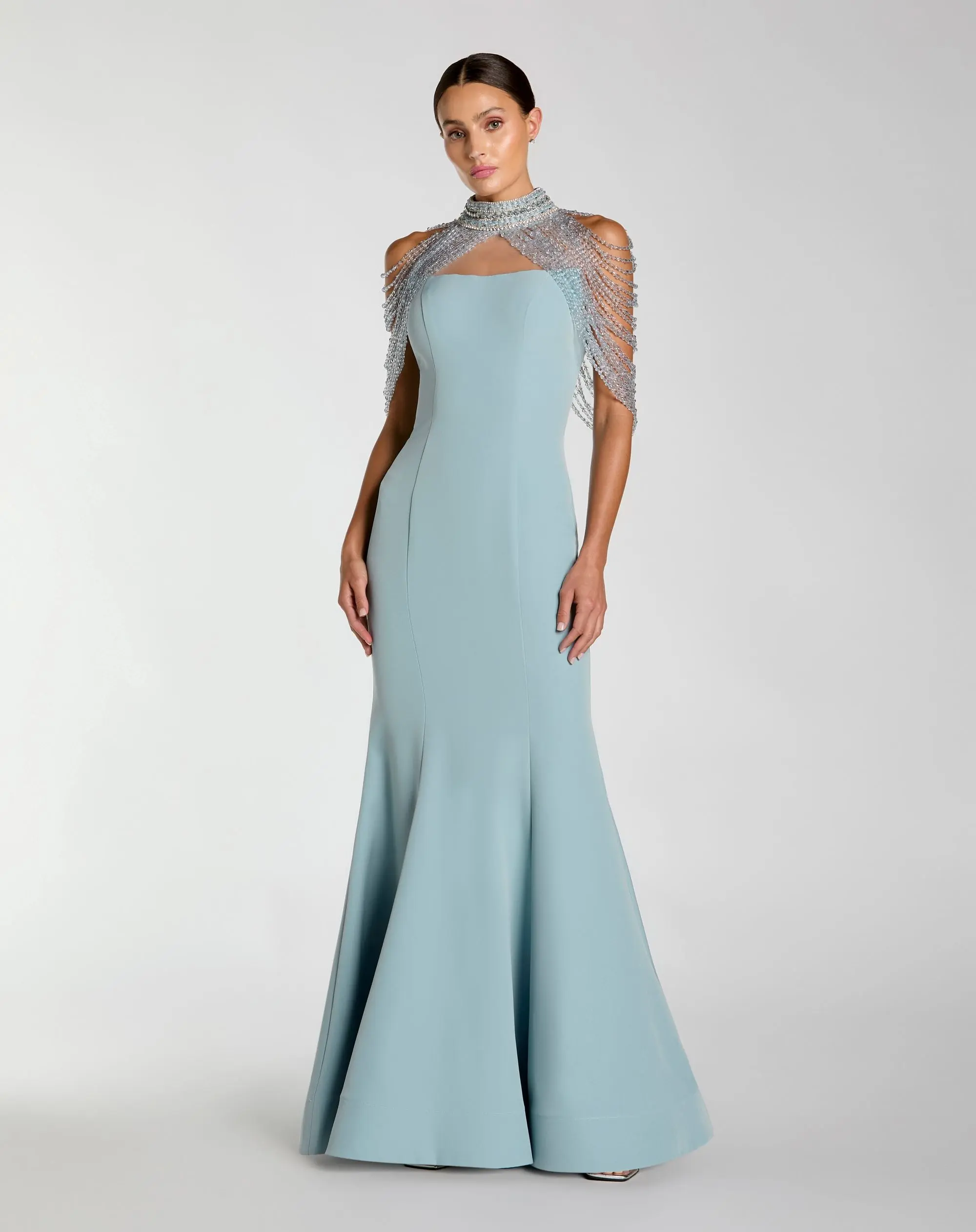 Blue Crepe Mermaid Gown With Crystal Draping - Special Events Unlimited