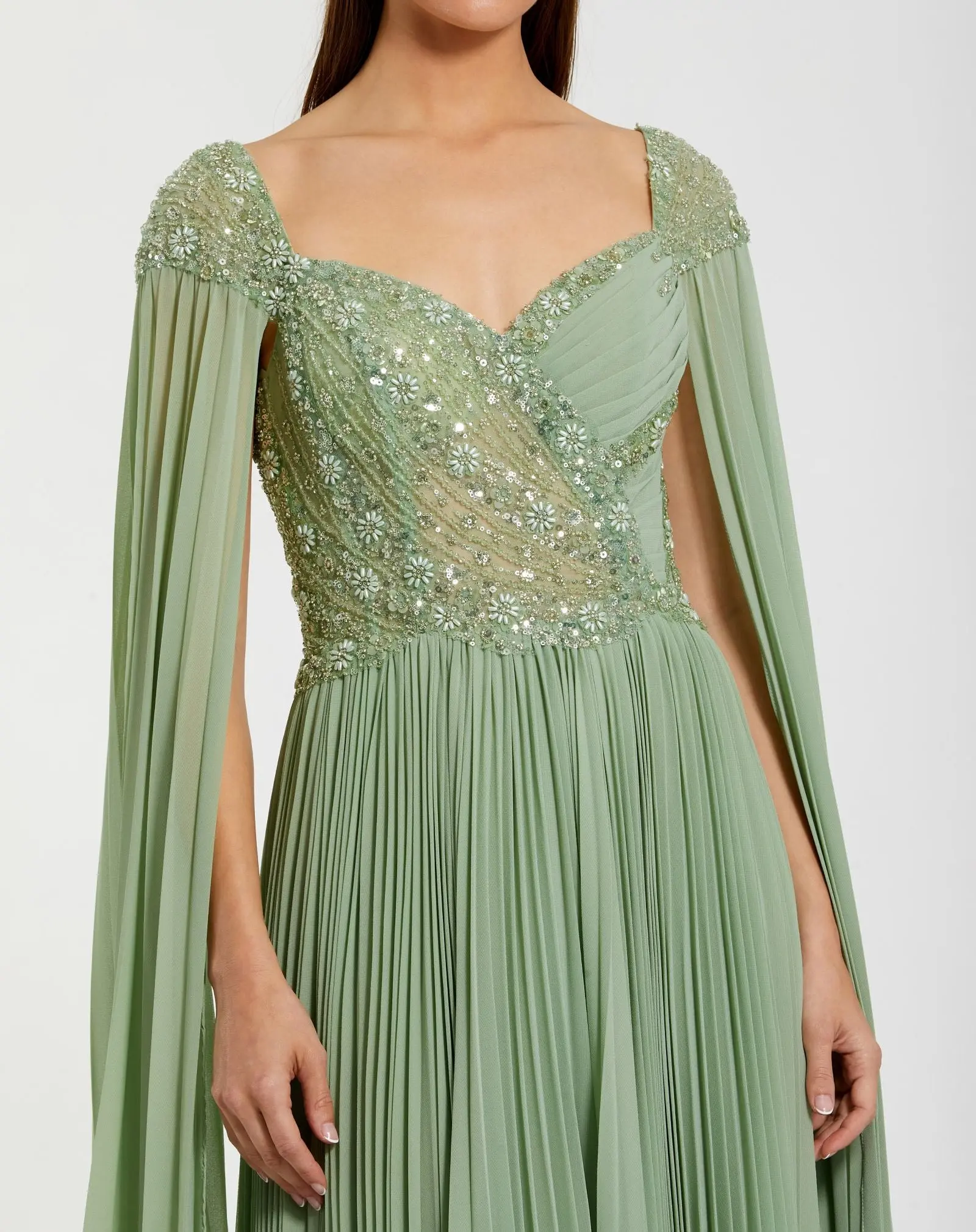 Green Embellished Chiffon Cape Sleeve A Line Gown - Special Events Unlimited