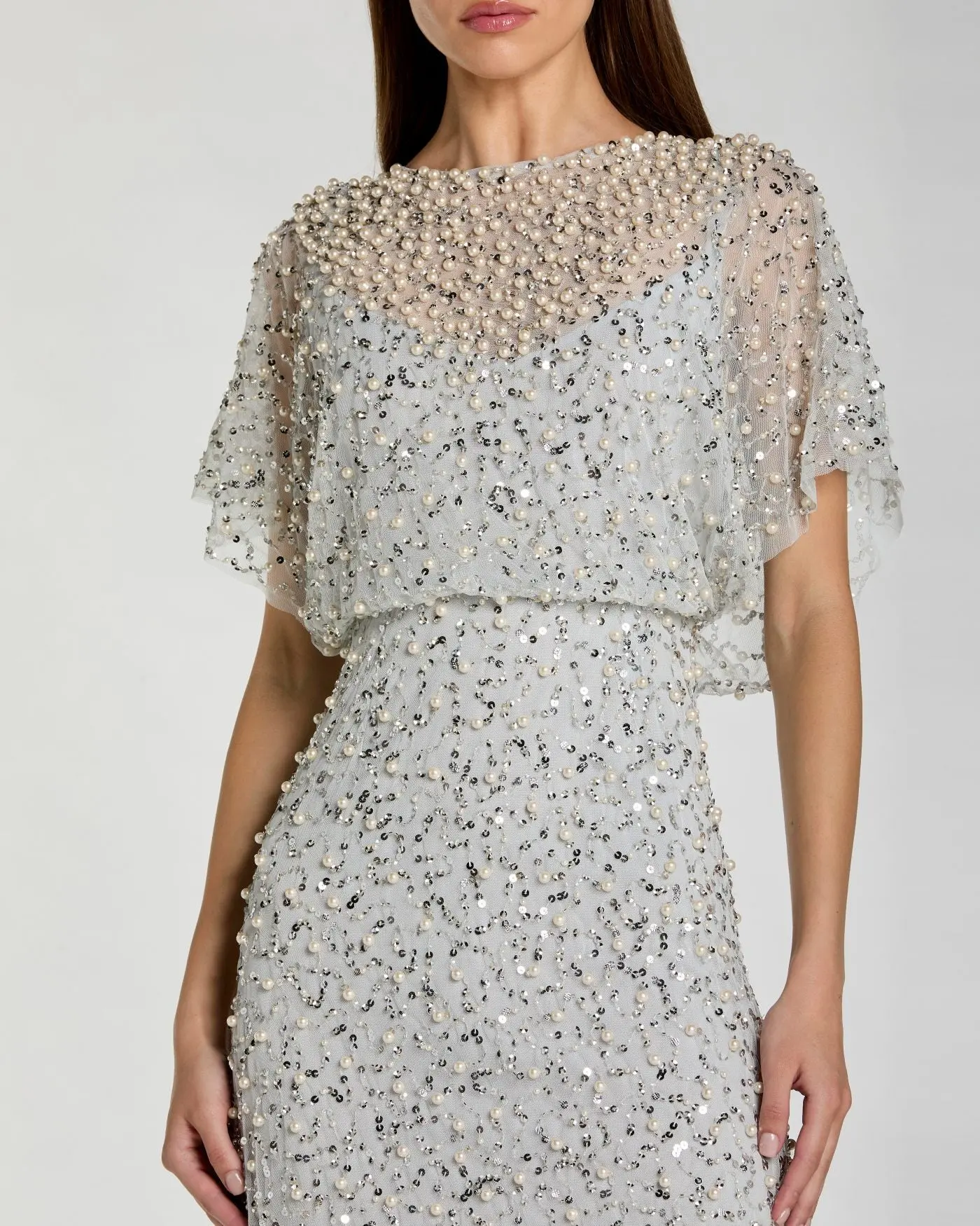 Blue High Neck Short Sleeve Embellished Gown - Special Events Unlimited