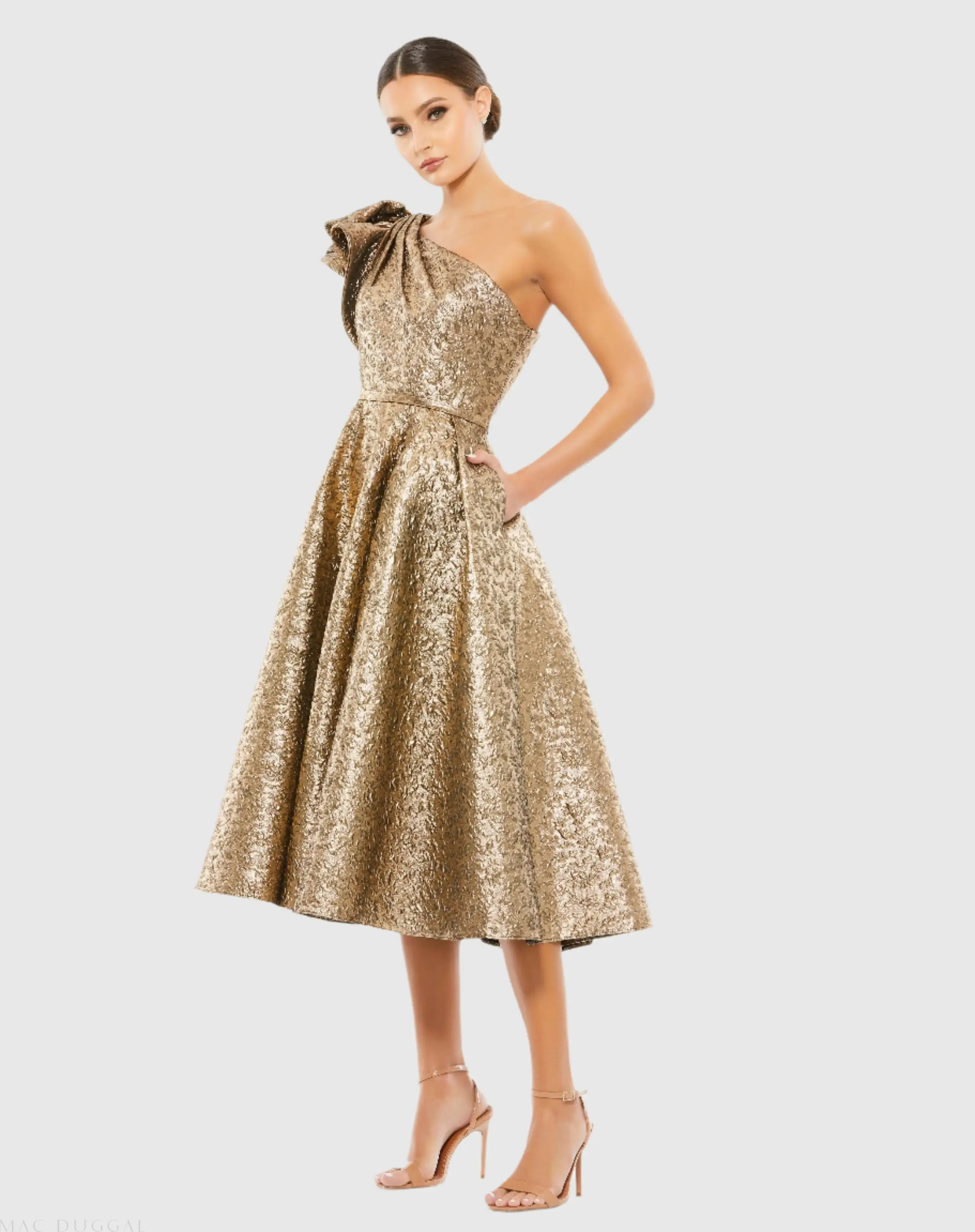 Gold One Shoulder Bow Midi Dress With Pockets - Special Events Unlimited