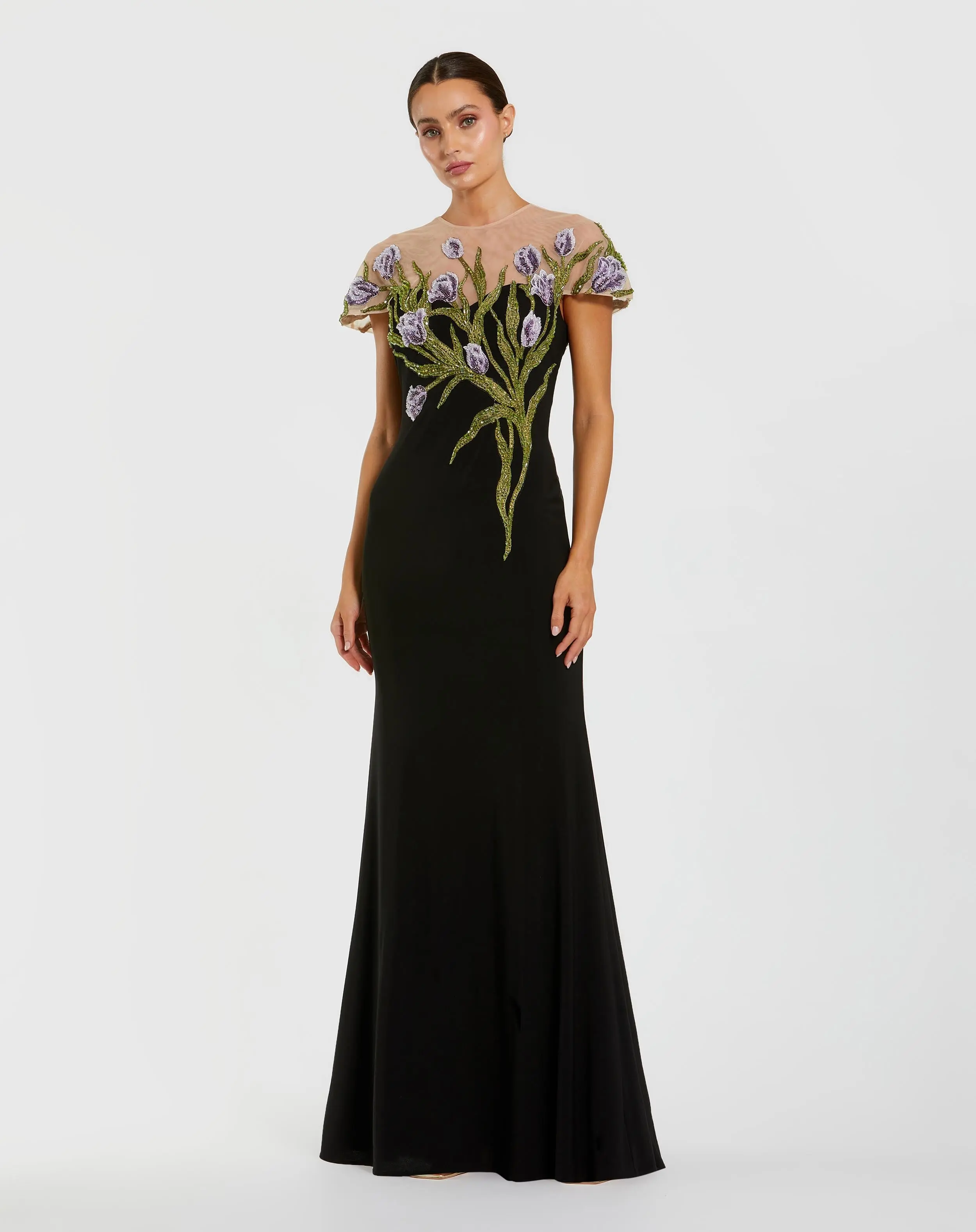 Black High Neck Floral Embroidered Jersey Gown - Special Events Unlimited