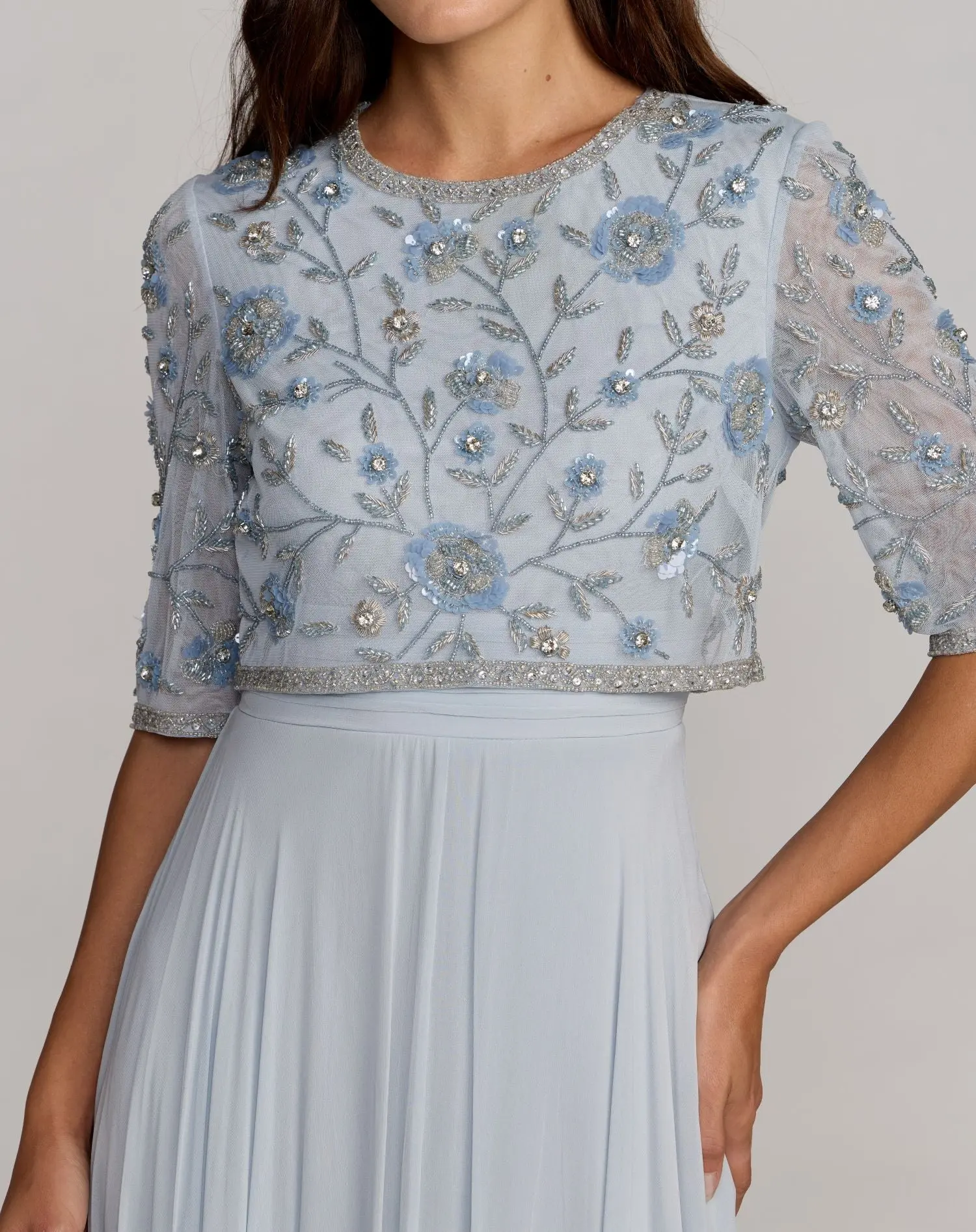 Powder Blue High Neck Embellished Chiffon Gown - Special Events Unlimited