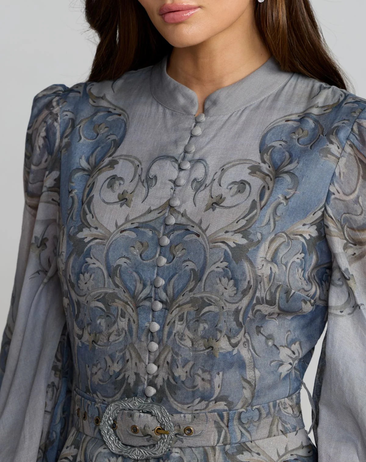 Gray Bishop Sleeve Printed Cotton A-Line Dress - Special Events Unlimited