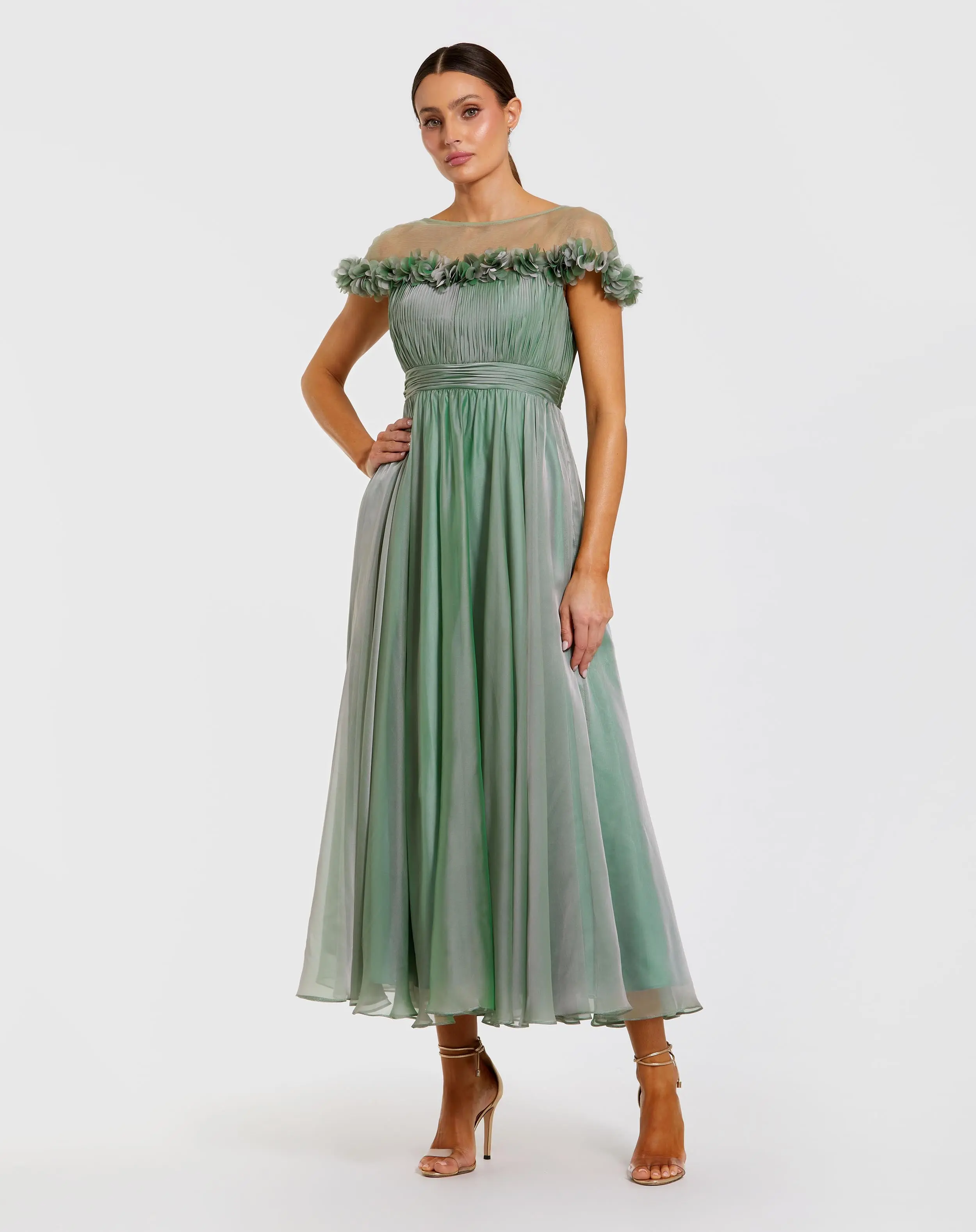 Green Chiffon Illusion Neck Midi Dress With 3D Flowers - Special Events Unlimited