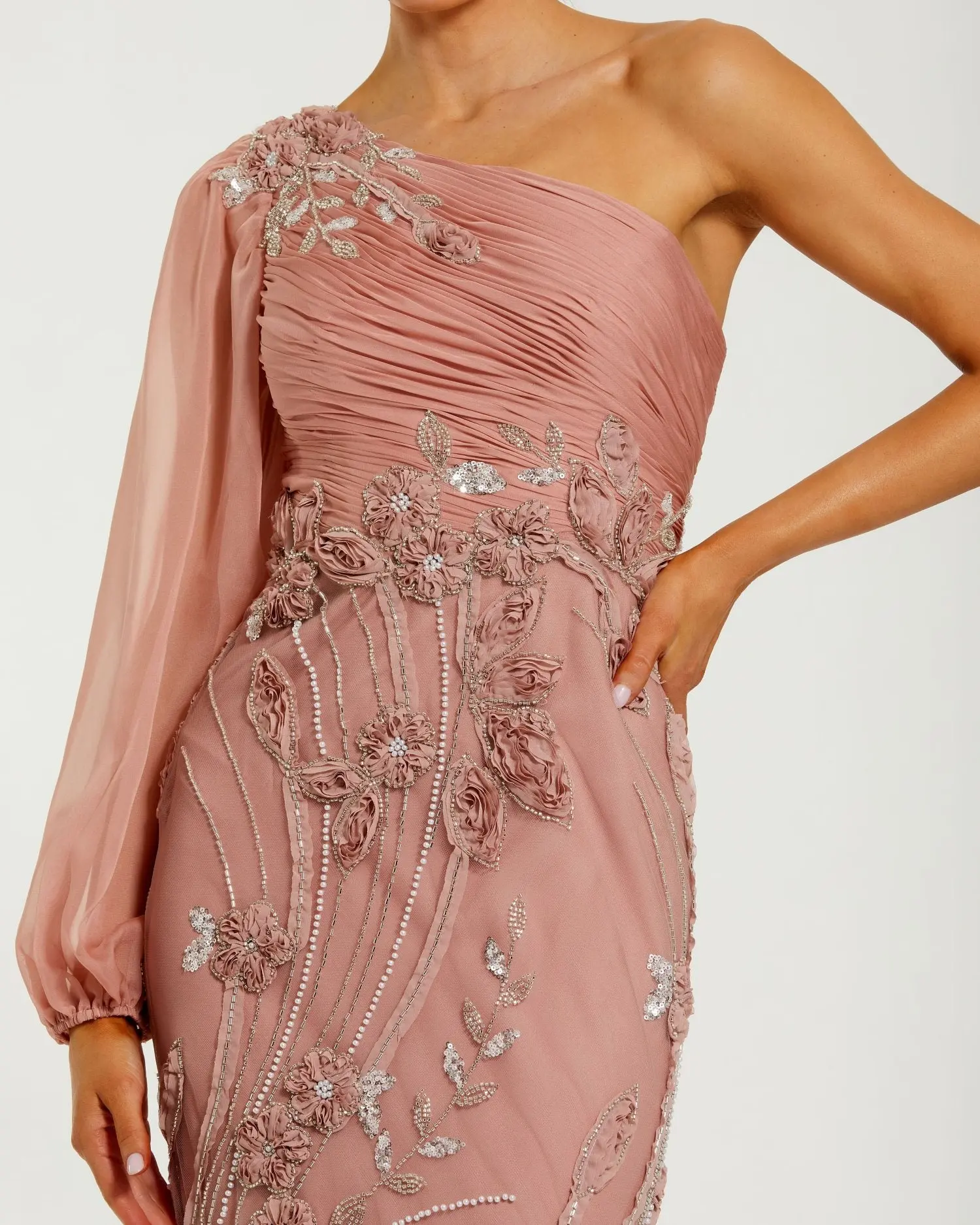 Pink One Sleeve Chiffon Embellished Gown - Special Events Unlimited