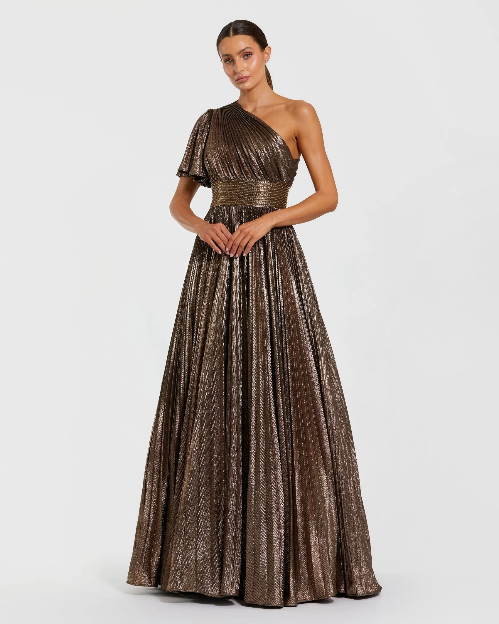 Brown One Shoulder Pleated Metallic Ball Gown - Special Events Unlimited