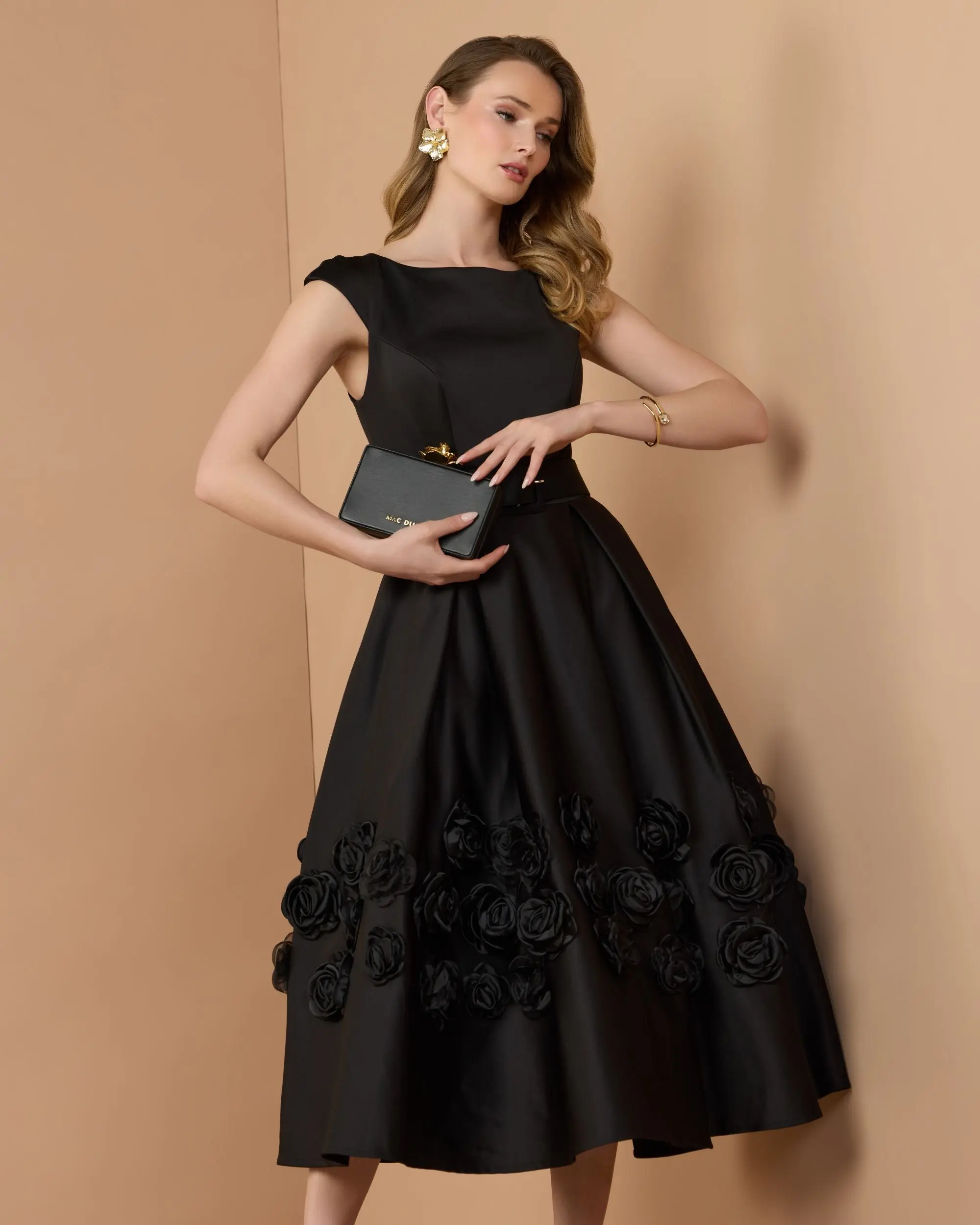 Black Satin Cap Sleeve Midi Dress With 3D Flowers - Special Events Unlimited