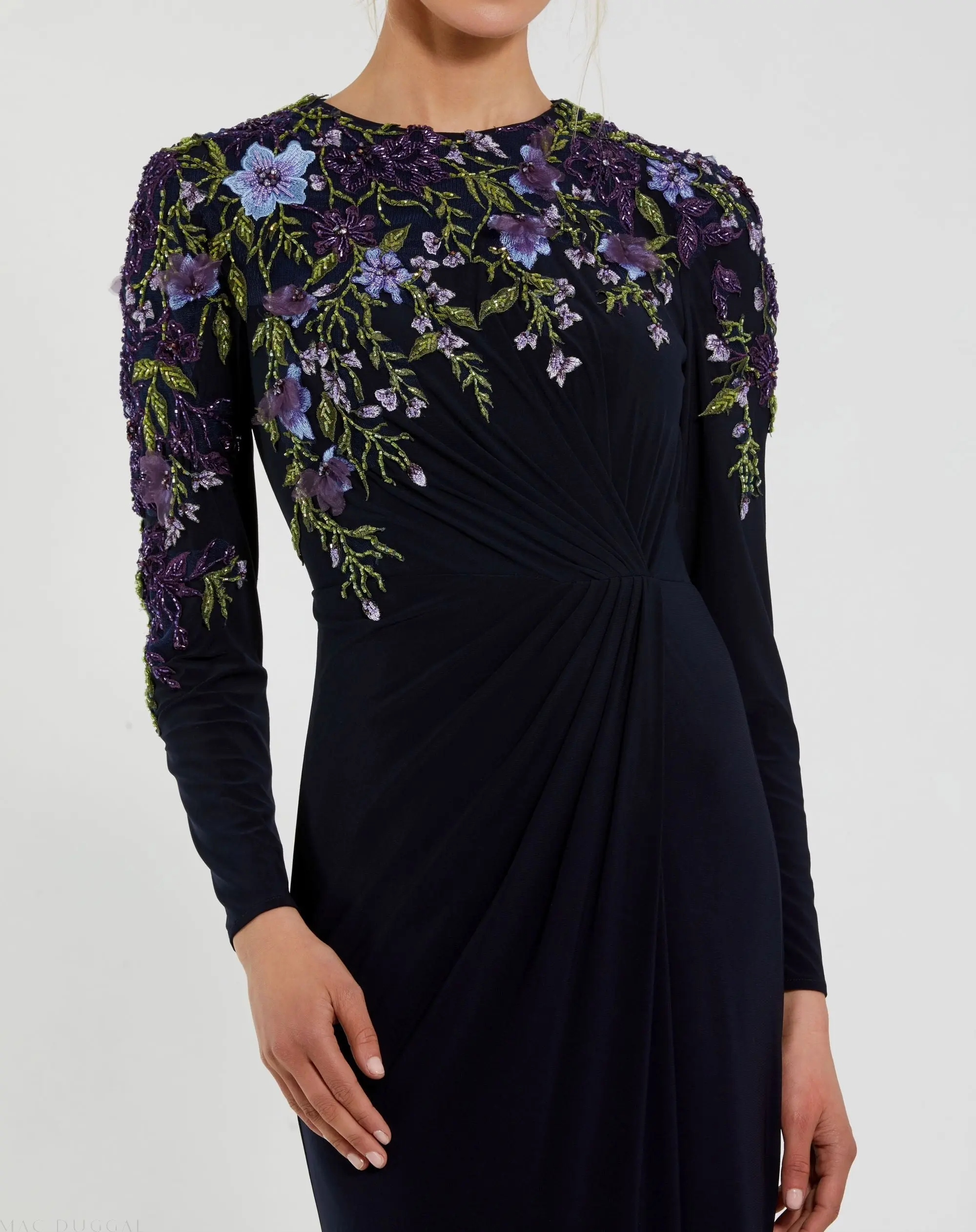 Navy Embellished Long Sleeve Fitted Jersey Gown - Special Events Unlimited