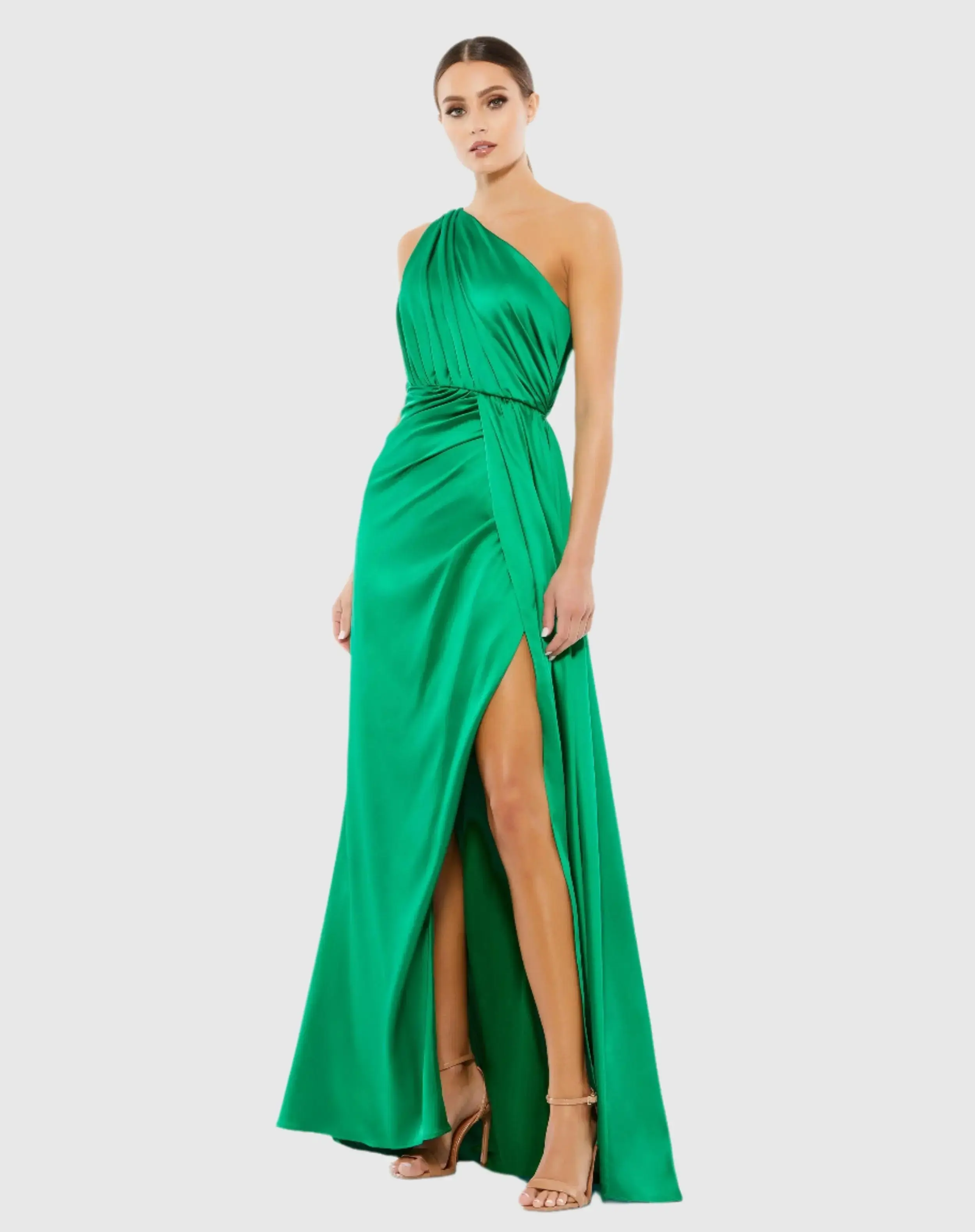 Green Gathered One Shoulder Satin Faux Wrap Gown - Special Events Unlimited