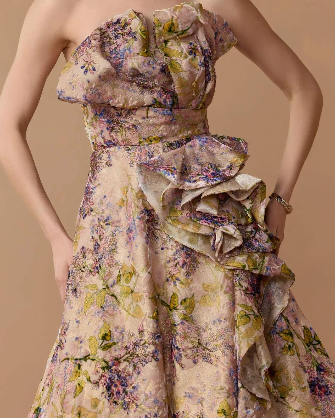 Pink Strapless Floral Ball Gown With Ruffle Detail - Special Events Unlimited