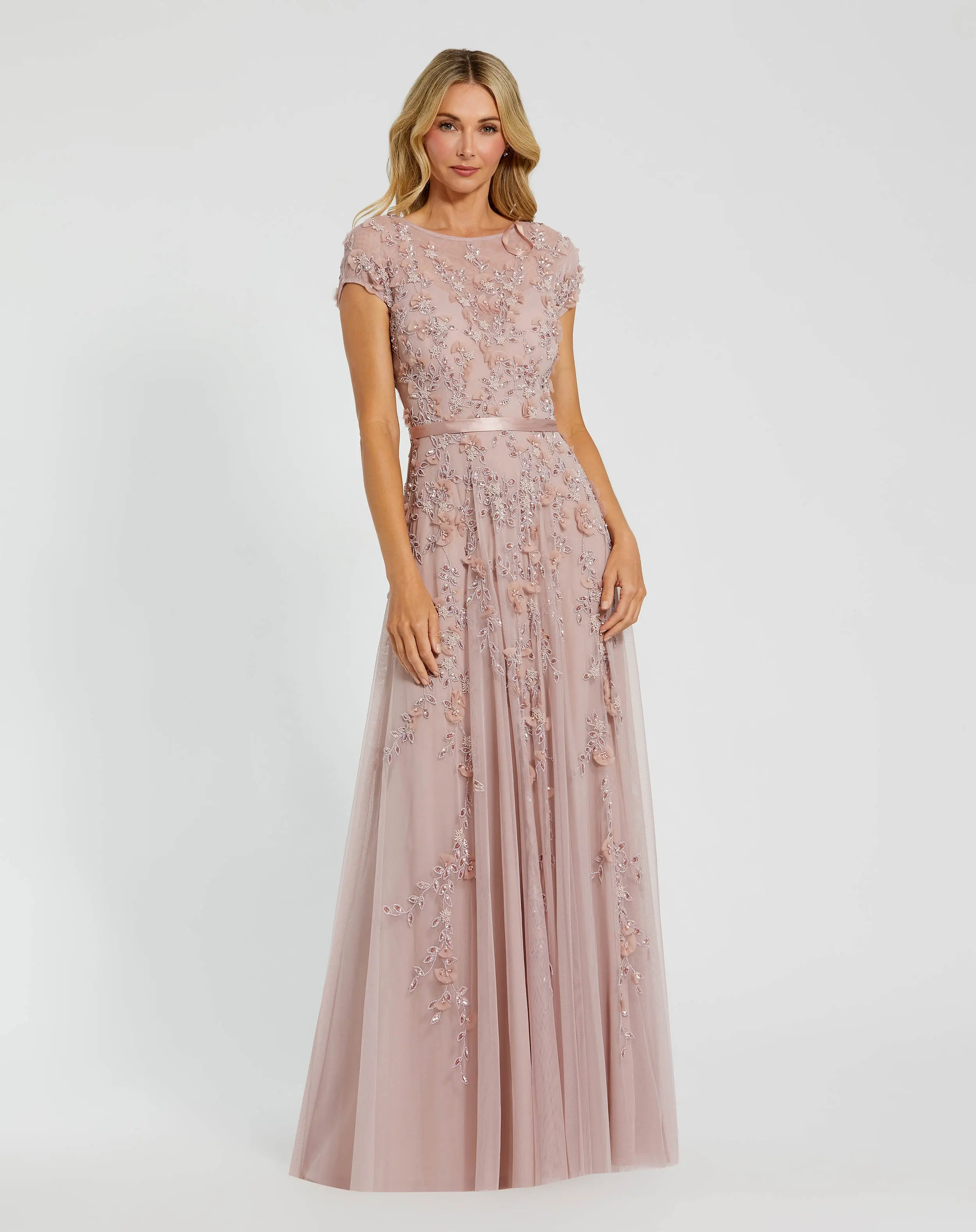 Pink Floral Embellished Cap Sleeve Gown - Special Events Unlimited