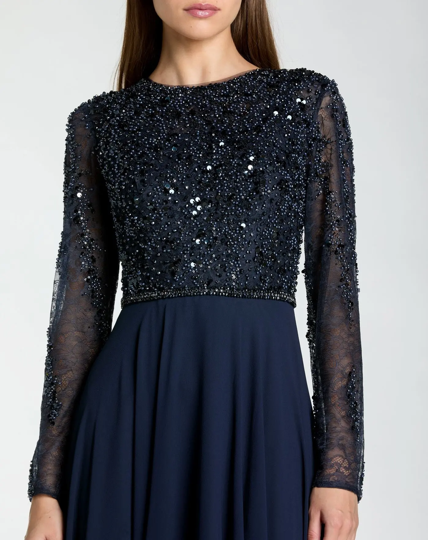 Navy Embellished Lace Long Sleeve Gown With Chiffon Skirt - Special Events Unlimited
