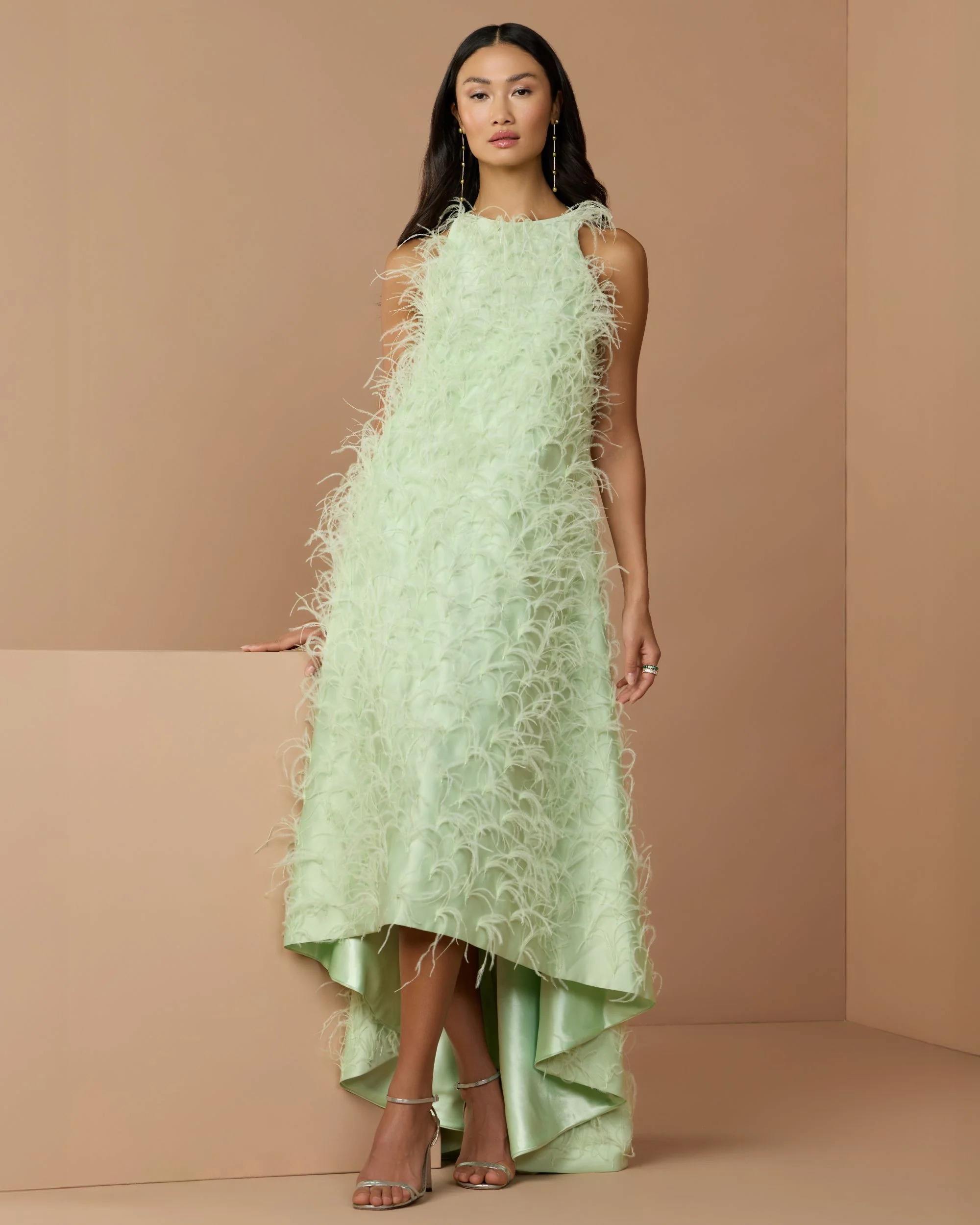 Green Sleeveless Feather Embellished High Low Gown - Special Events Unlimited