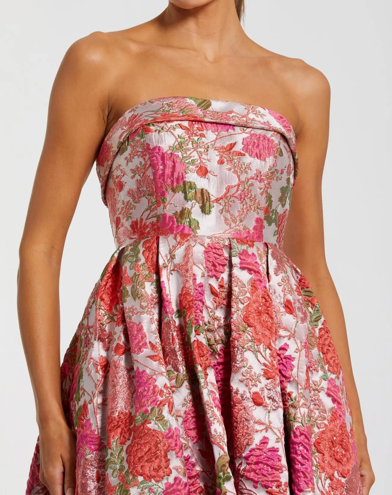 Pink Floral Brocade Strapless A-Line Midi Dress - Special Events Unlimited