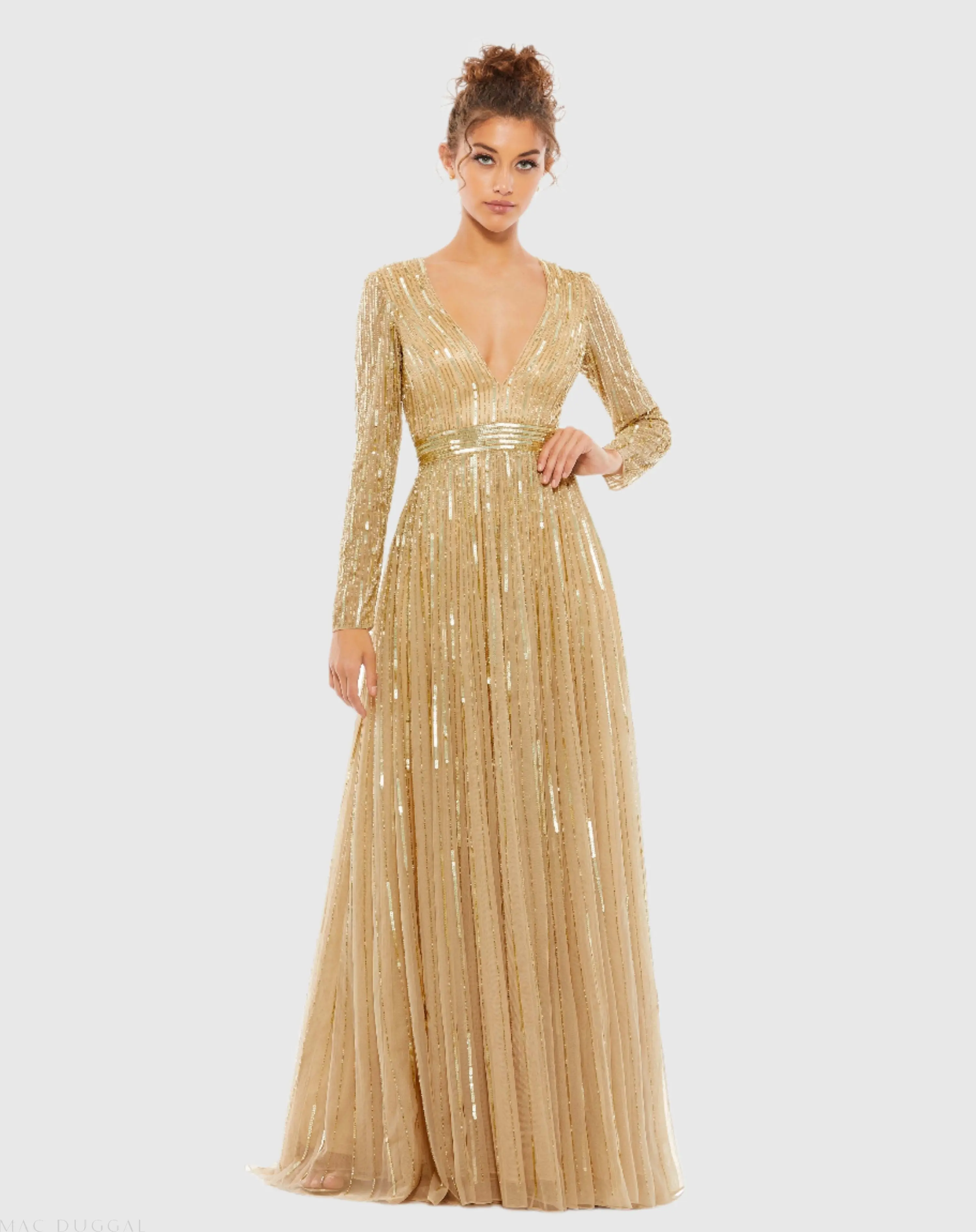 Gold Sequined V Neck Illusion Sleeve A Line Gown - Special Events Unlimited