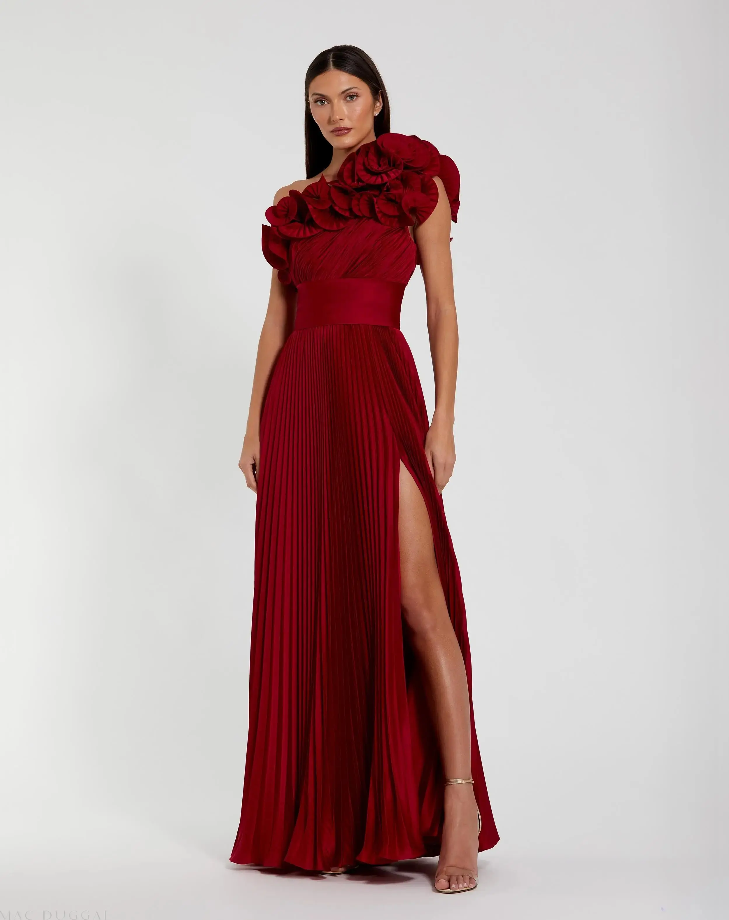 Red Pleated Charmeuse One-Shoulder Evening Gown with Ruffle Detail - Special Events Unlimited