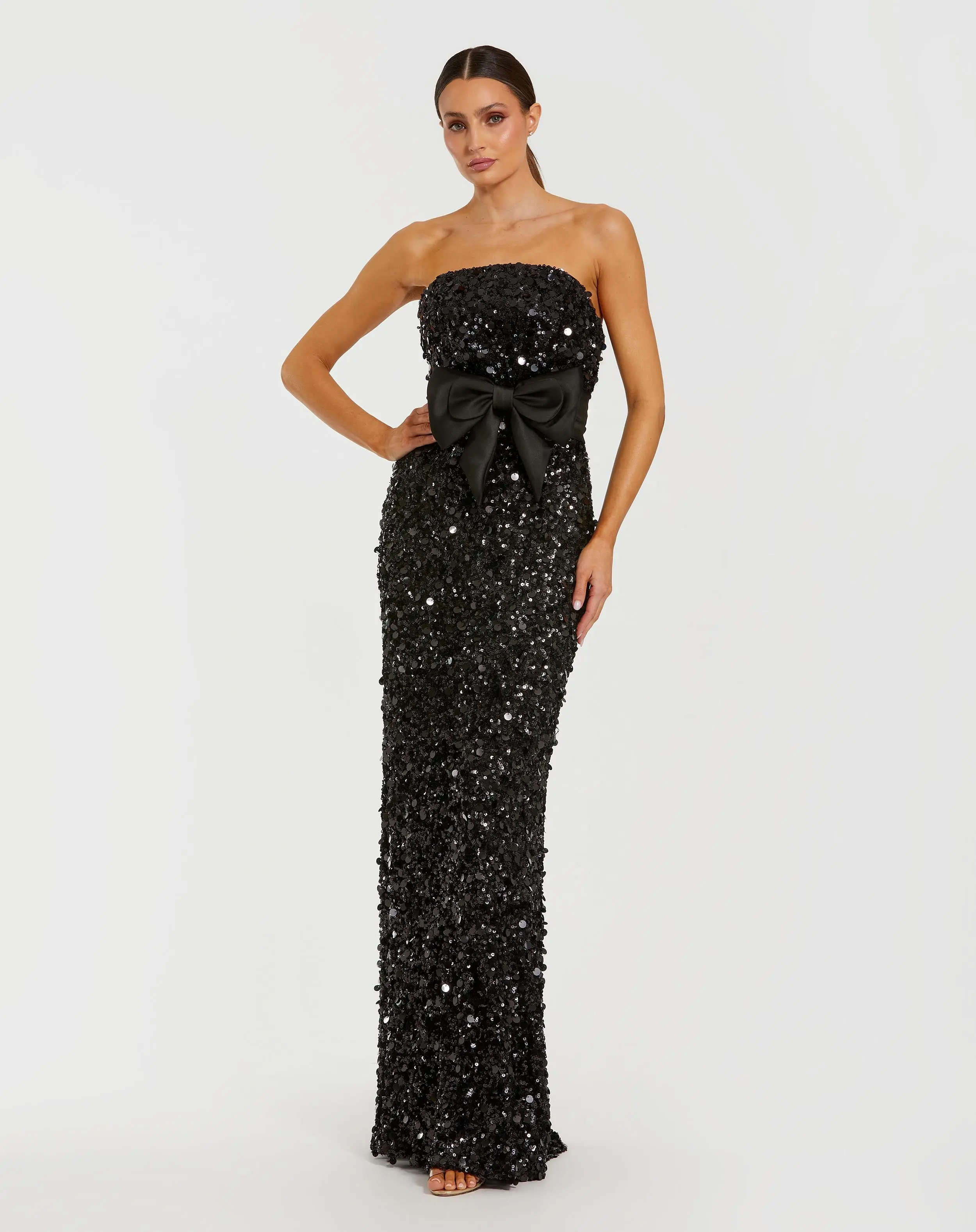 Black Strapless Sequin Evening Gown With Bow - Special Events Unlimited