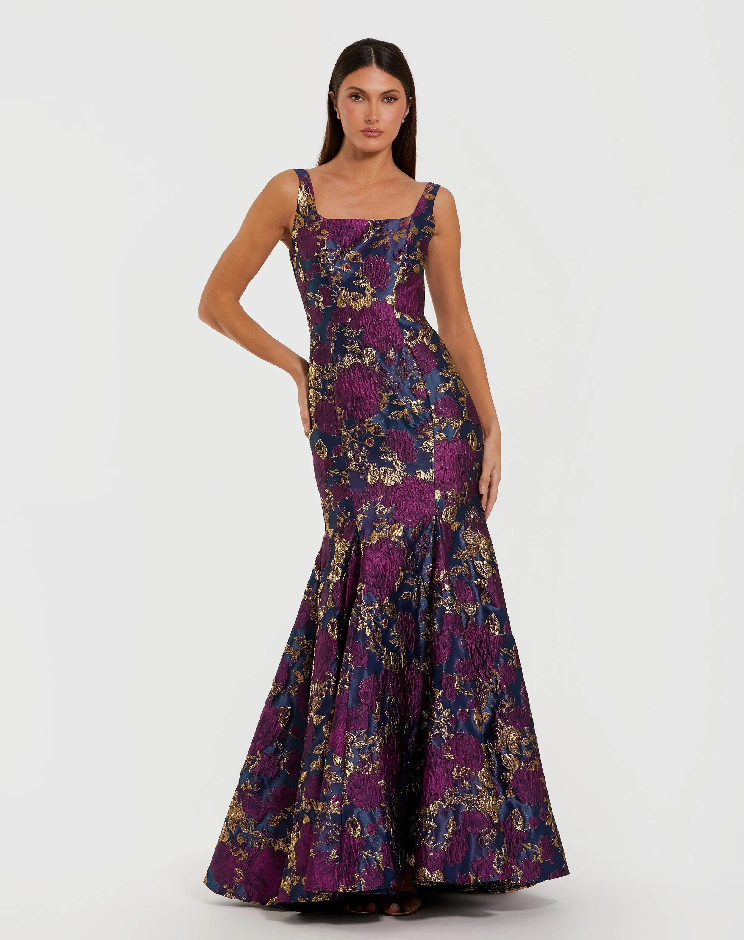 Navy Multicolor Sleeveless Brocade Trumpet Gown - Special Events Unlimited