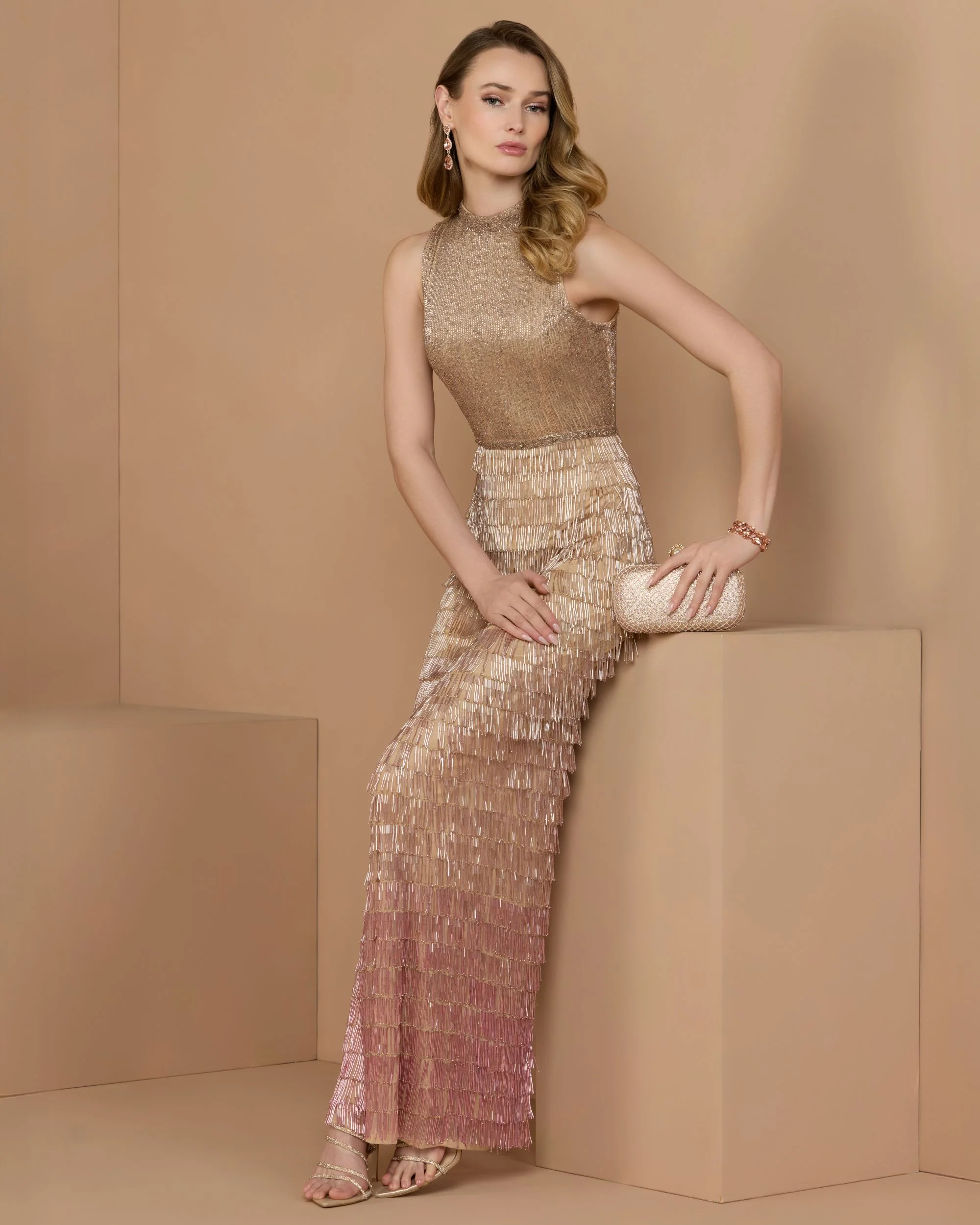 Beige Mock Neck Sleeveless Beaded Fringe Gown - Special Events Unlimited