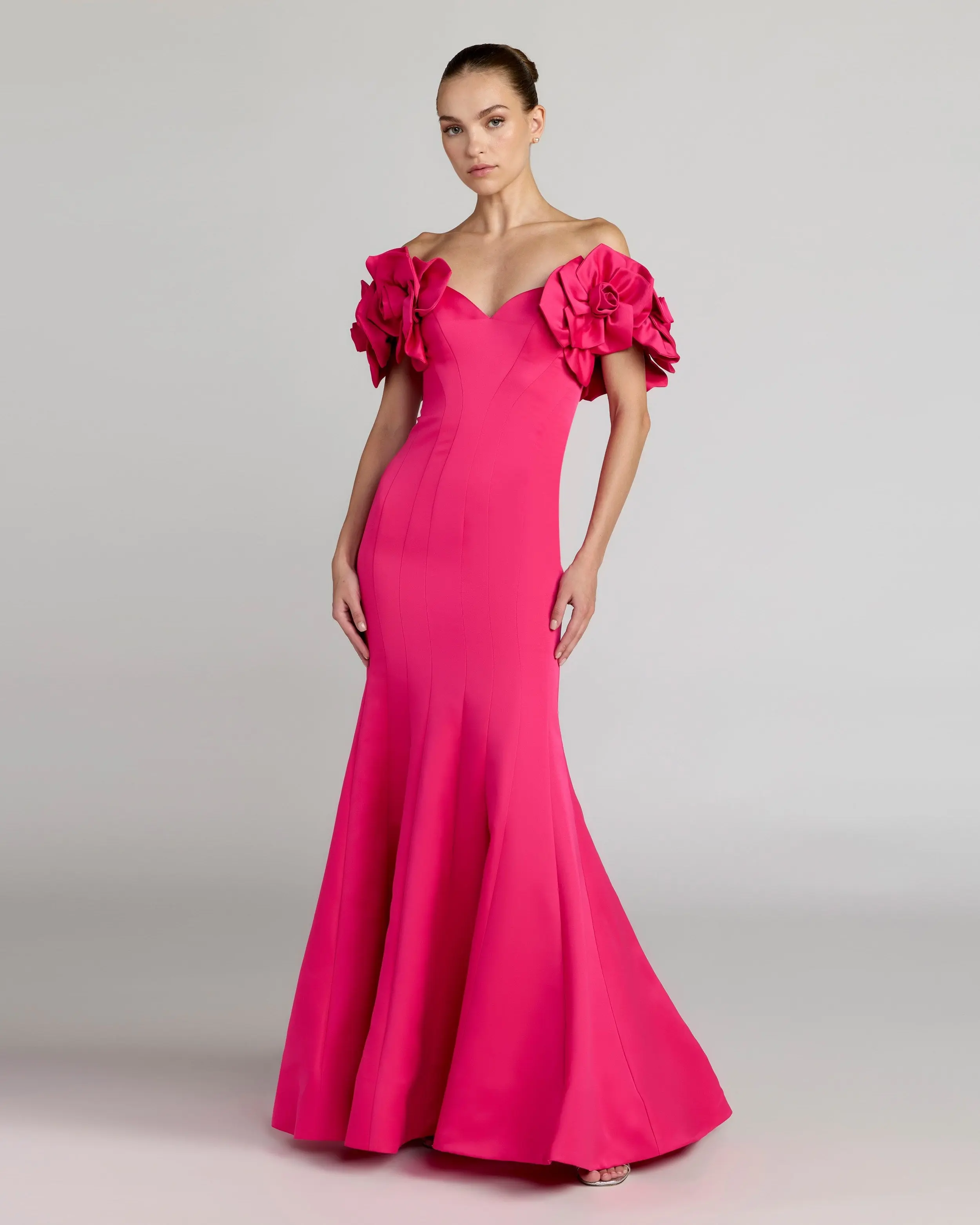 Pink Off The Shoulder Gown With 3D Floral Sleeves - Special Events Unlimited