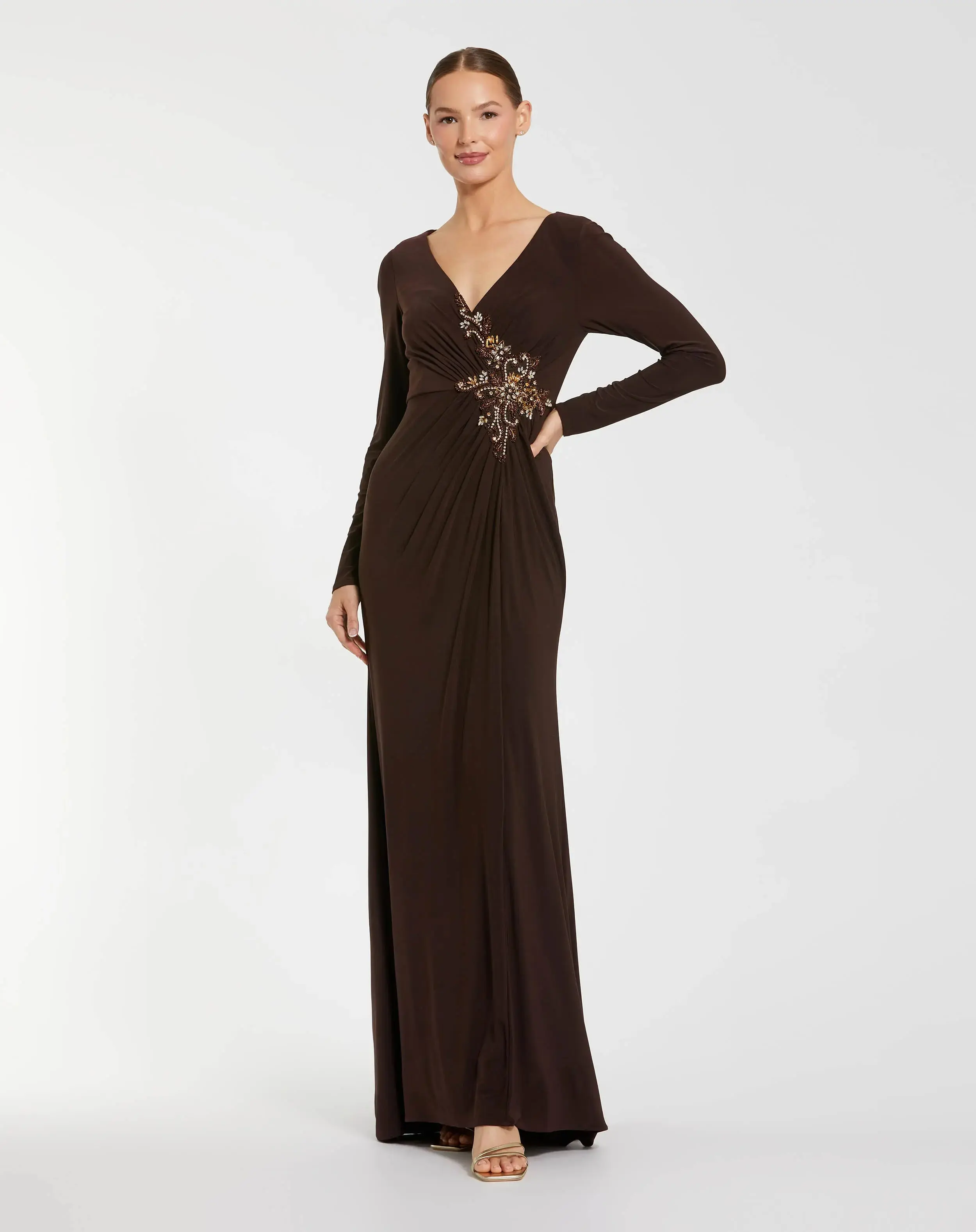 Brown Faux Wrap Long Sleeve Evening Gown with Appliqué Detail - Special Events Unlimited