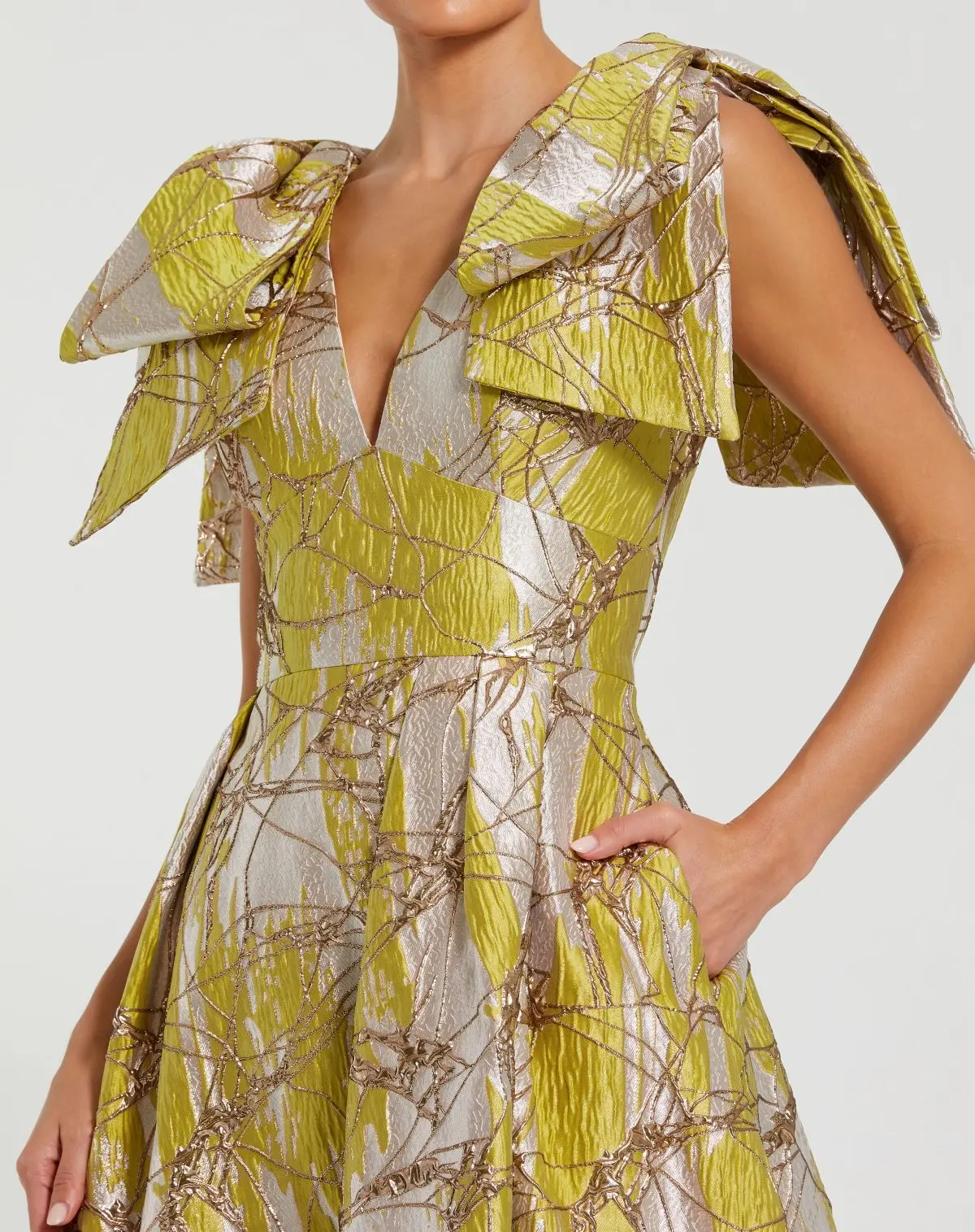 Green Layered Shoulder Bow Metallic A-Line Gown - Special Events Unlimited