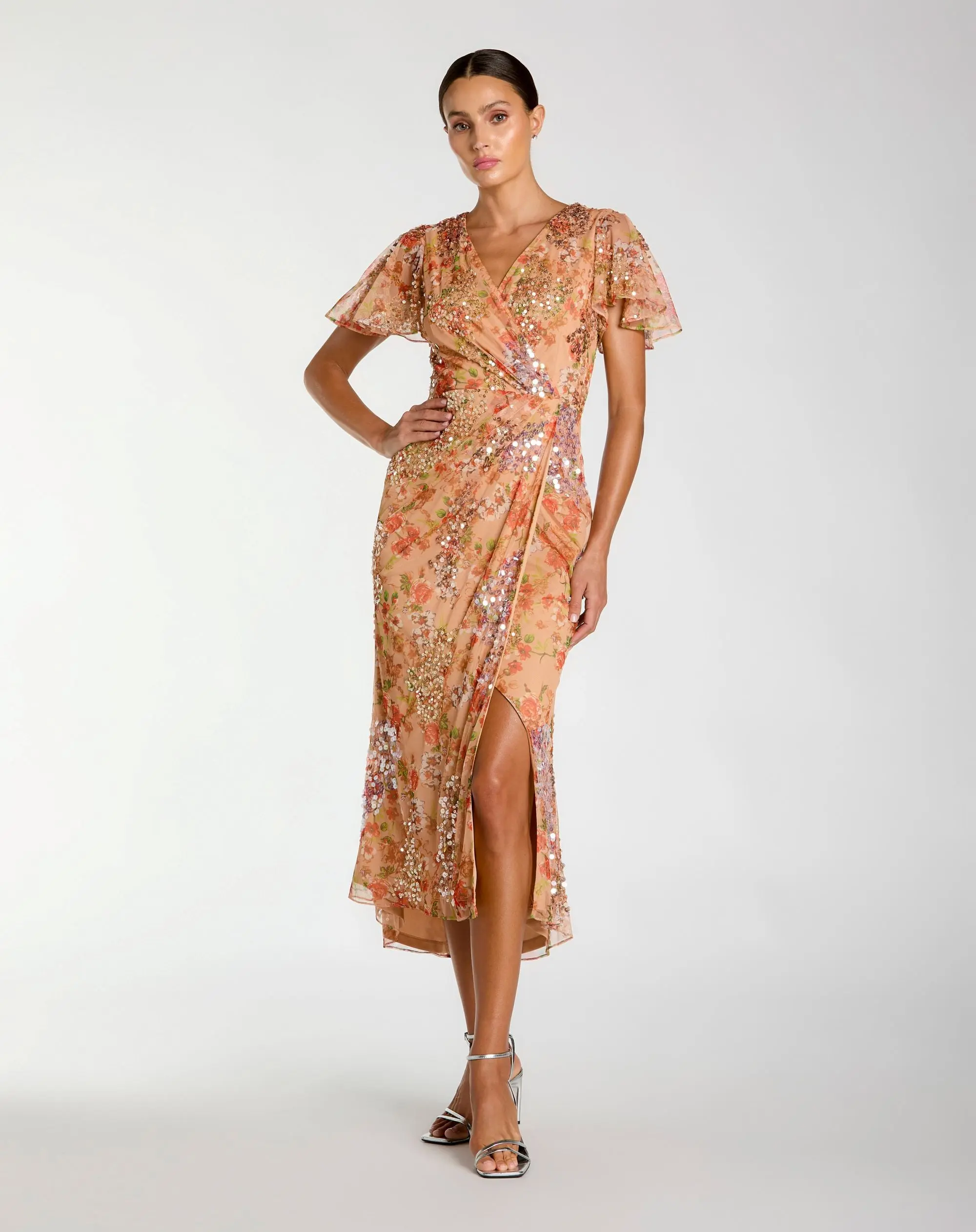 Orange Embellished Floral Flutter Sleeve Midi Dress - Special Events Unlimited