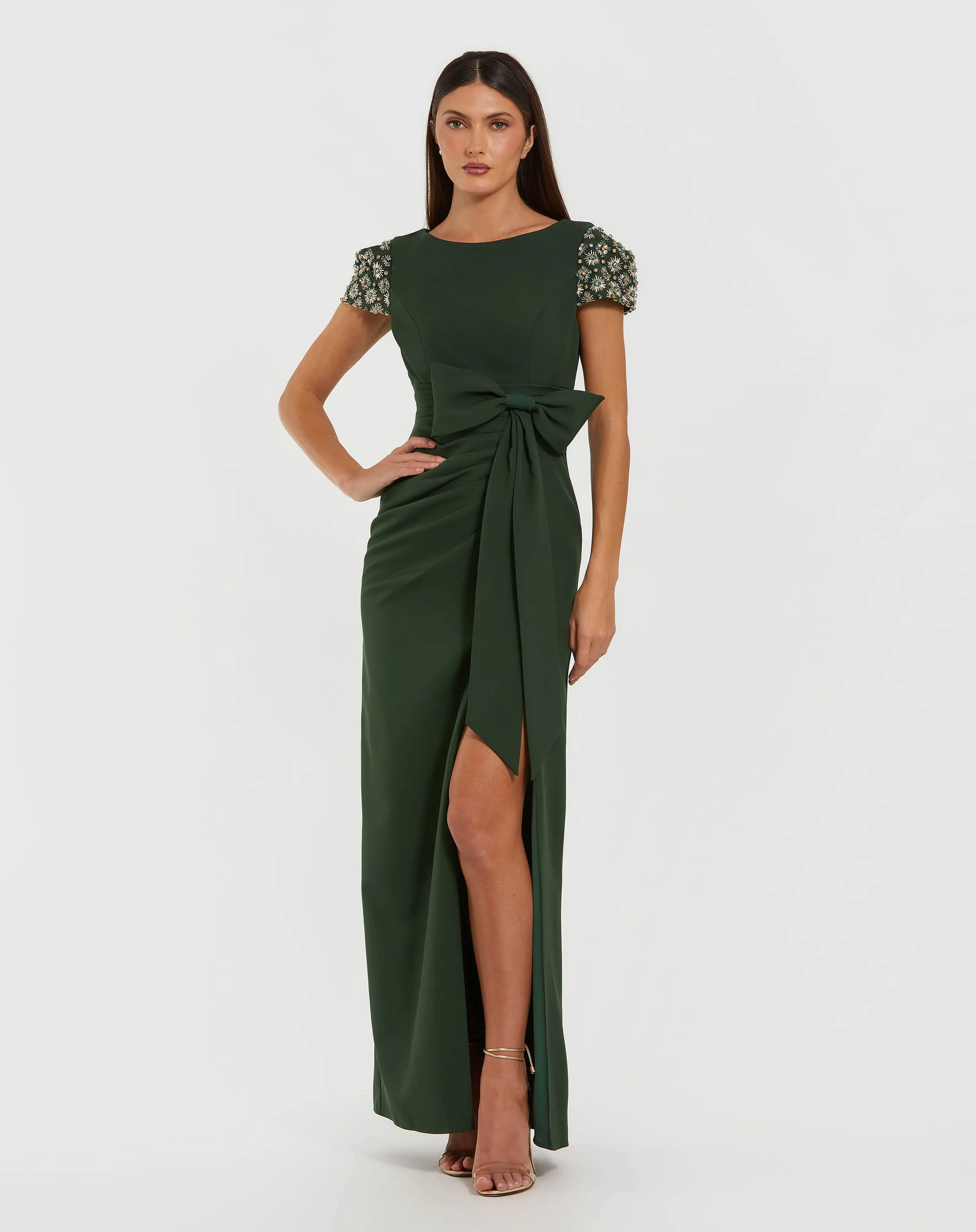 Dark Green Beaded Cap Sleeve Crepe Gown With Bow and Slit - Special Events Unlimited