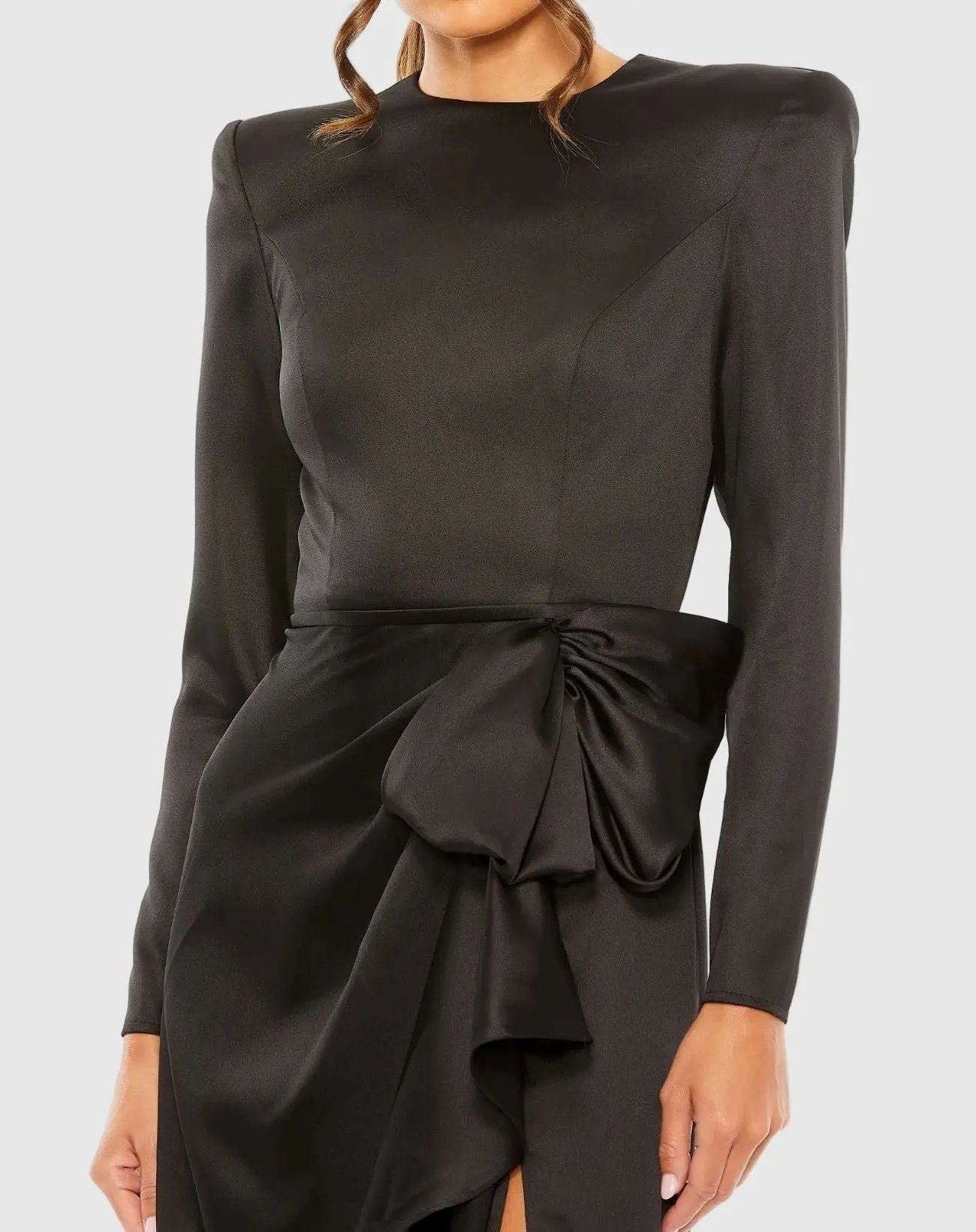 Petite Black Long Sleeve Satin Structured Bow Draped Column Gown - Special Events Unlimited
