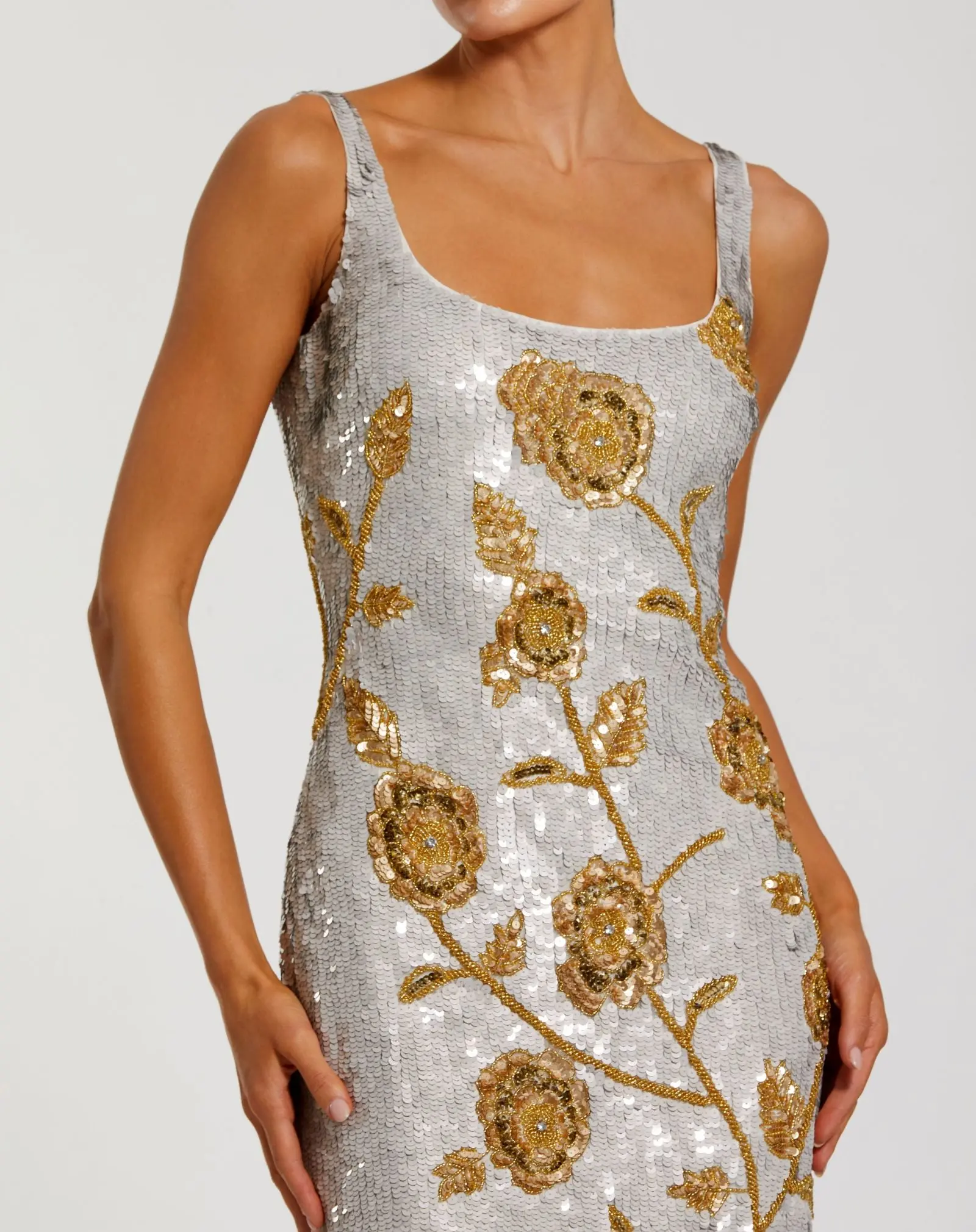Silver Sleeveless Sequin Dress With Gold Floral Detail - Special Events Unlimited