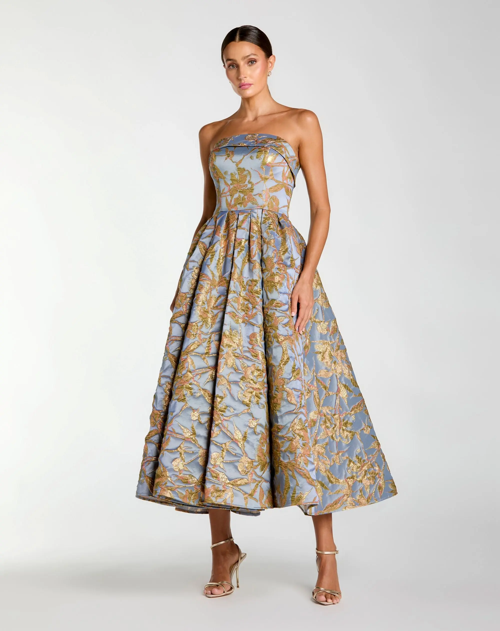Blue Strapless Brocade Midi Dress With Pockets - Special Events Unlimited