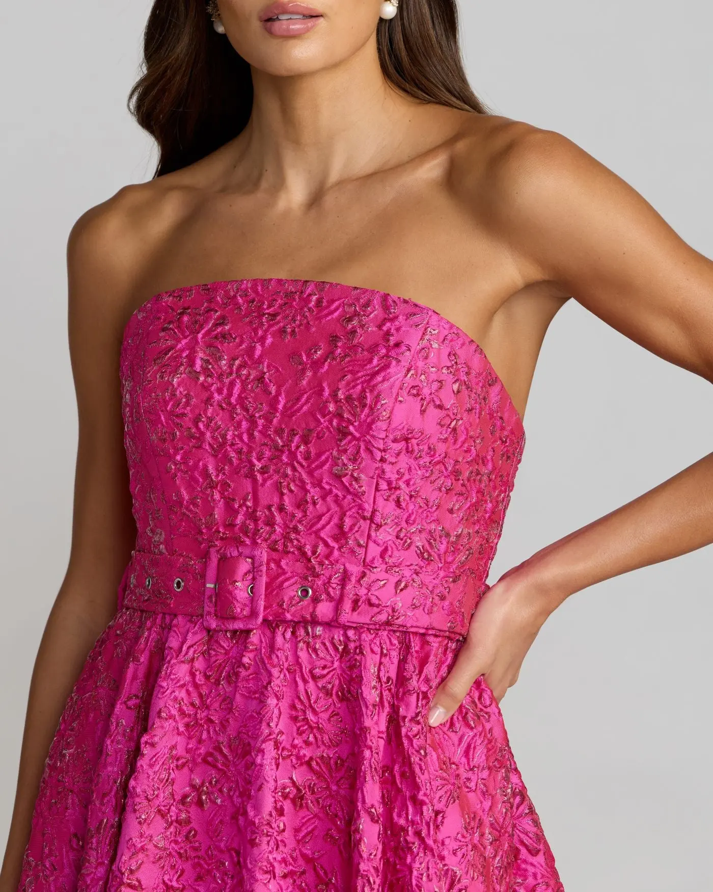 Pink Strapless Floral Brocade Ball Gown With Belt - Special Events Unlimited
