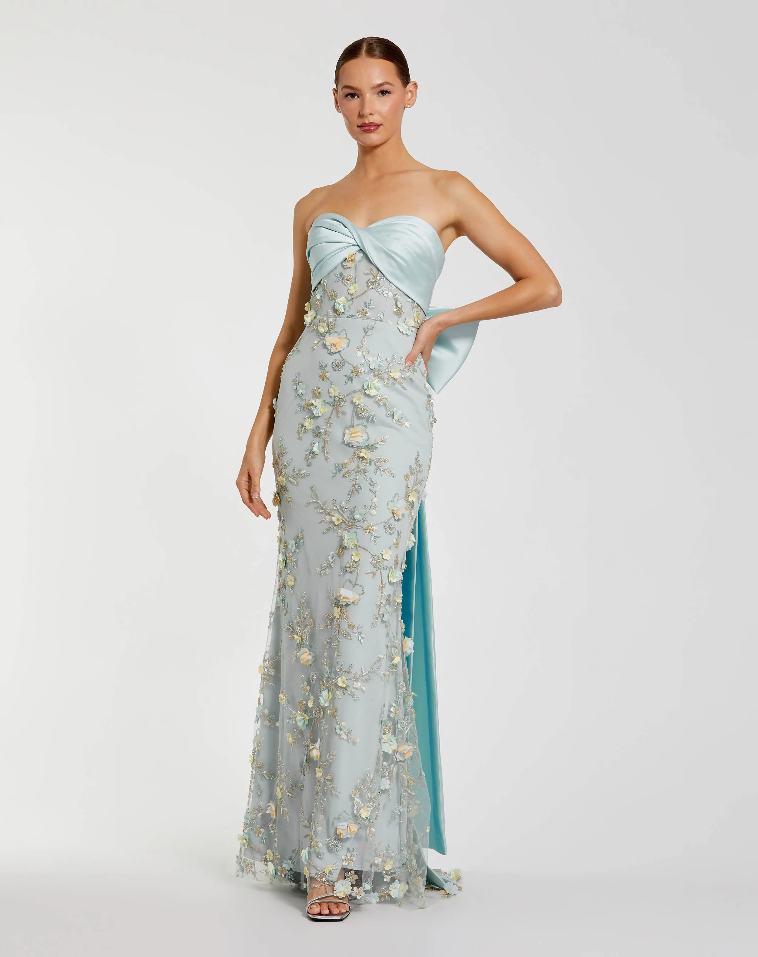 Blue Strapless Sweetheart Embellished Gown With Bow - Special Events Unlimited