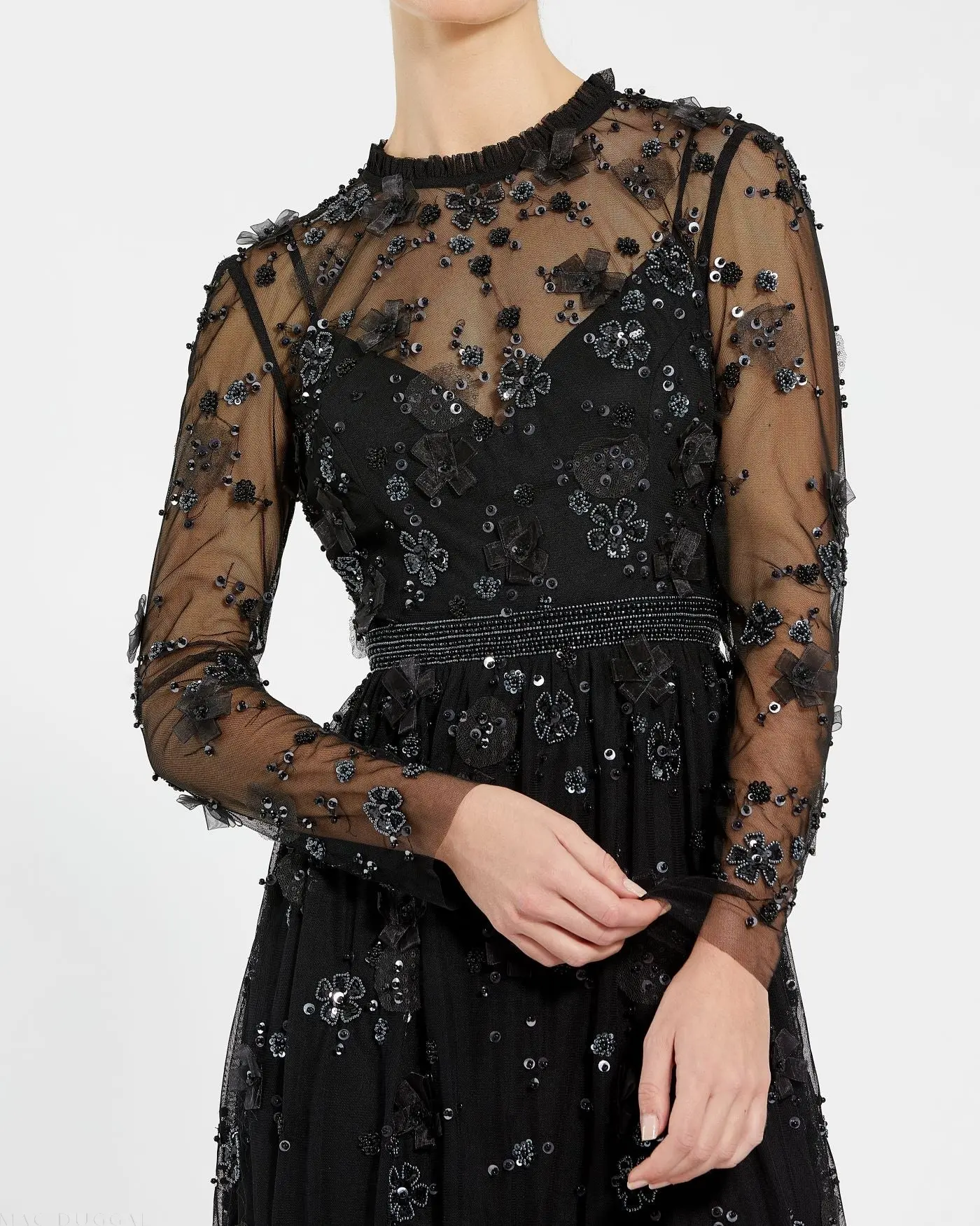 Black Sheer Long Sleeve Embellished Mini Dress - Special Events Unlimited