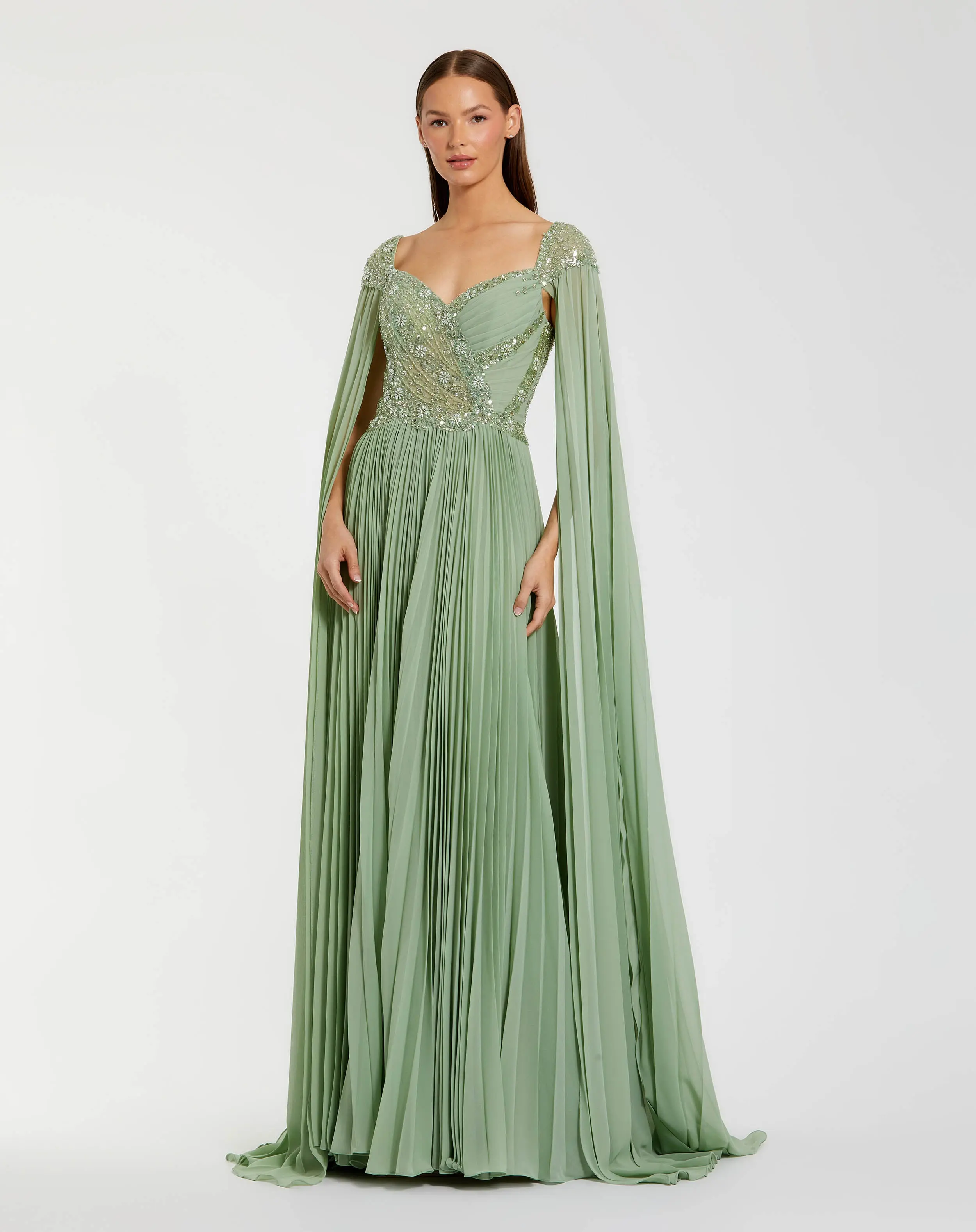 Green Embellished Chiffon Cape Sleeve A Line Gown - Special Events Unlimited