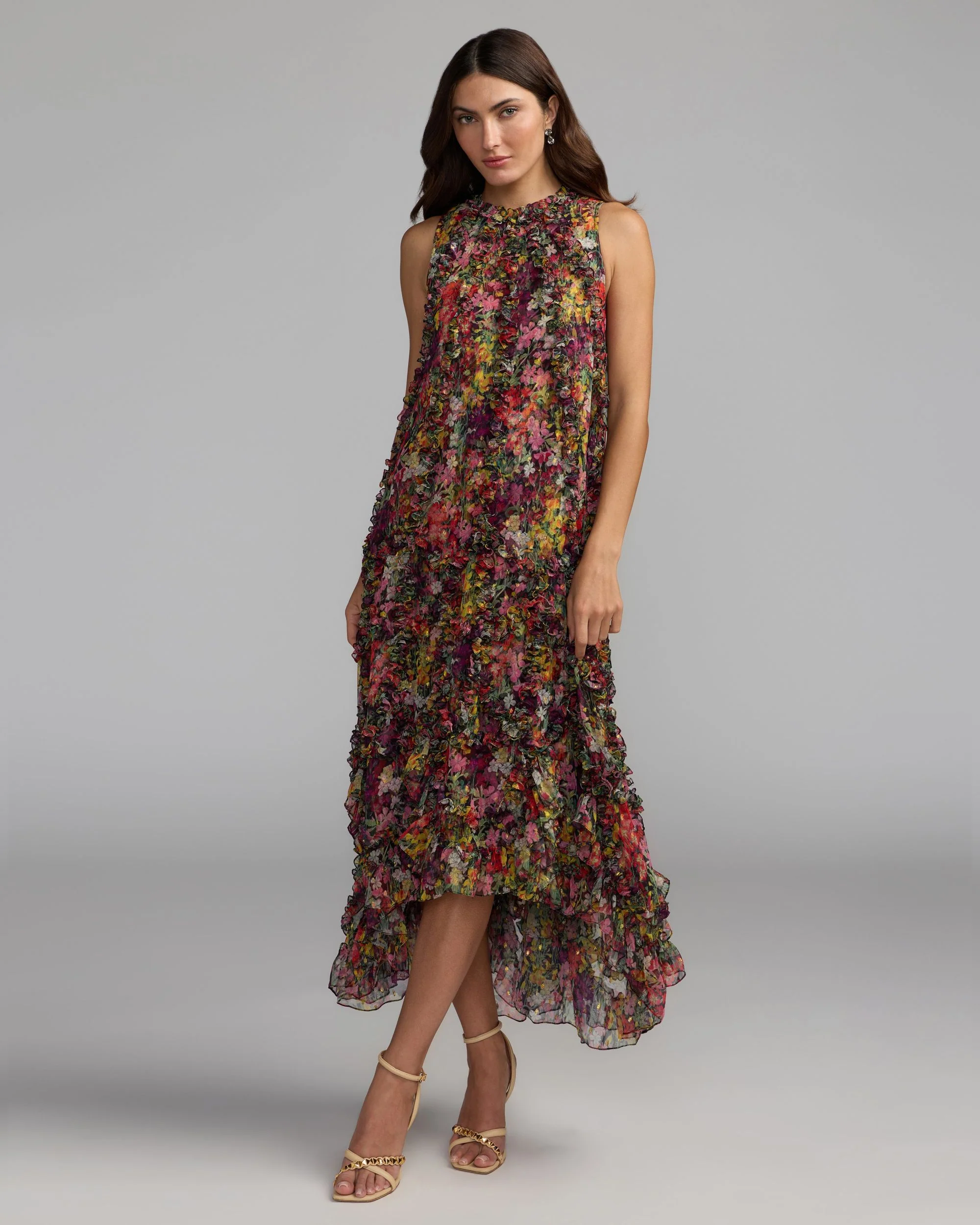 Multicolor Sleeveless Floral Micro Ruffle Trapeze Midi Dress - Special Events Unlimited