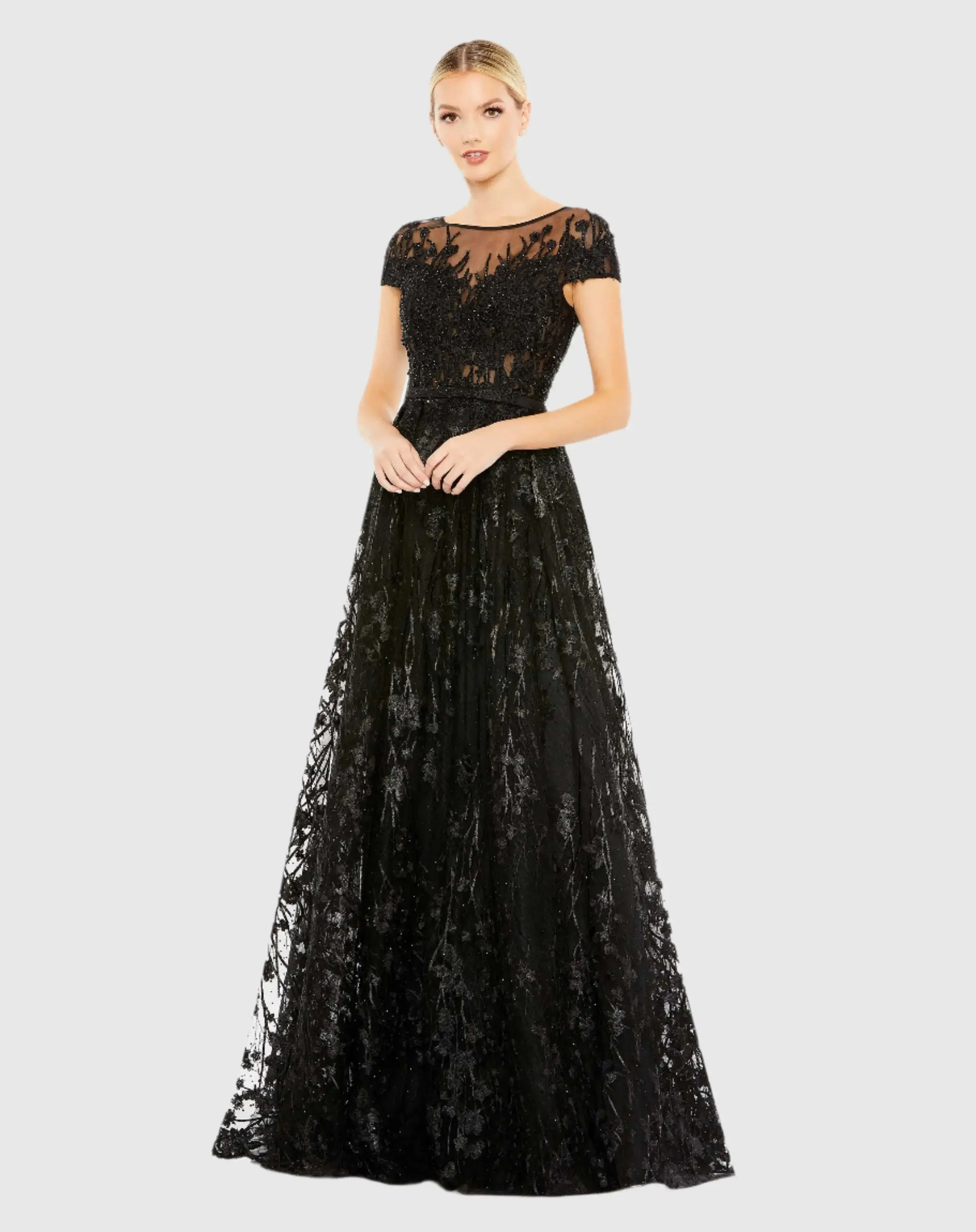 Black Embellished Floral Cap Sleeve A Line Gown - Special Events Unlimited