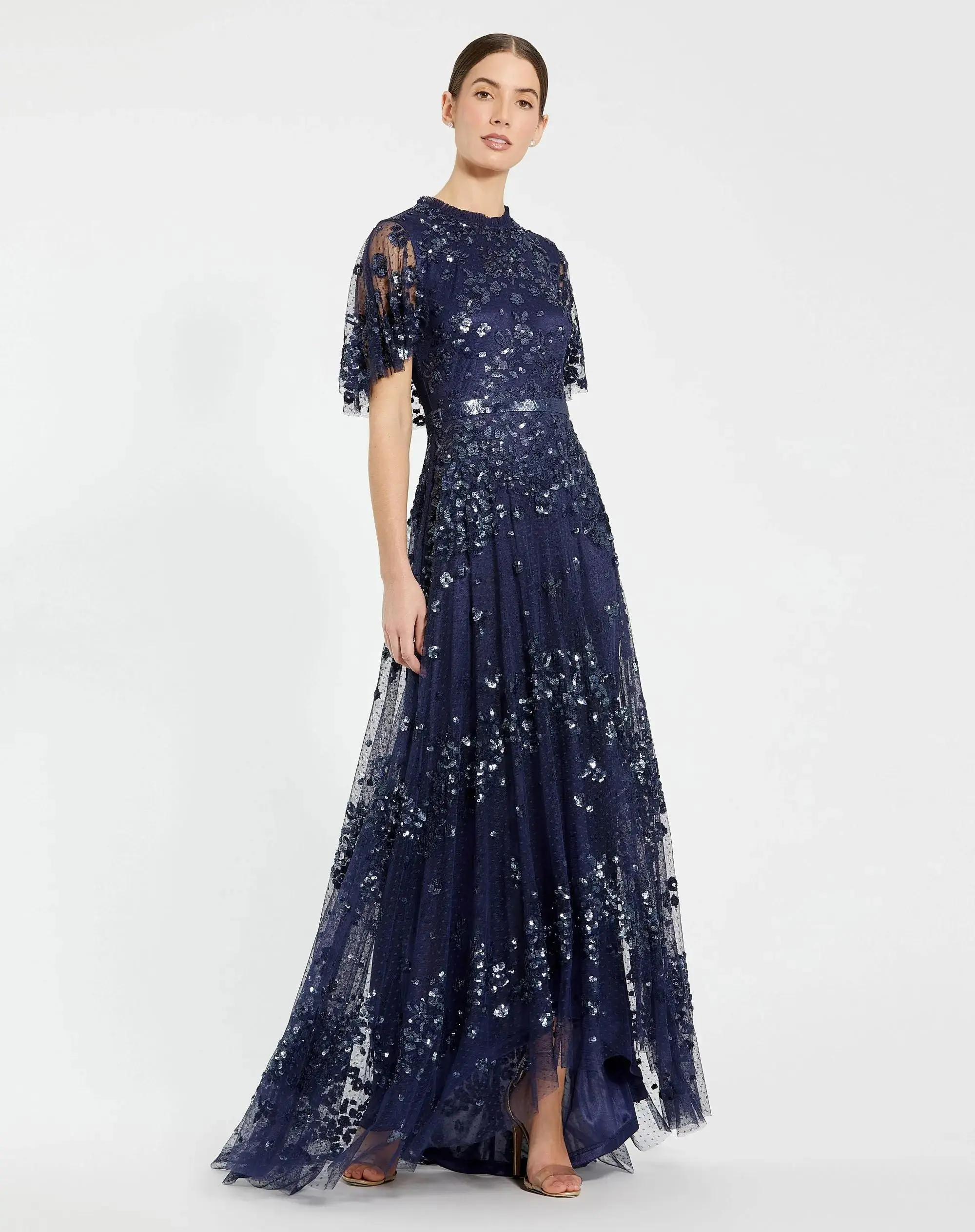Navy Sequined High Neck Flutter Sleeve A Line Gown - Special Events Unlimited