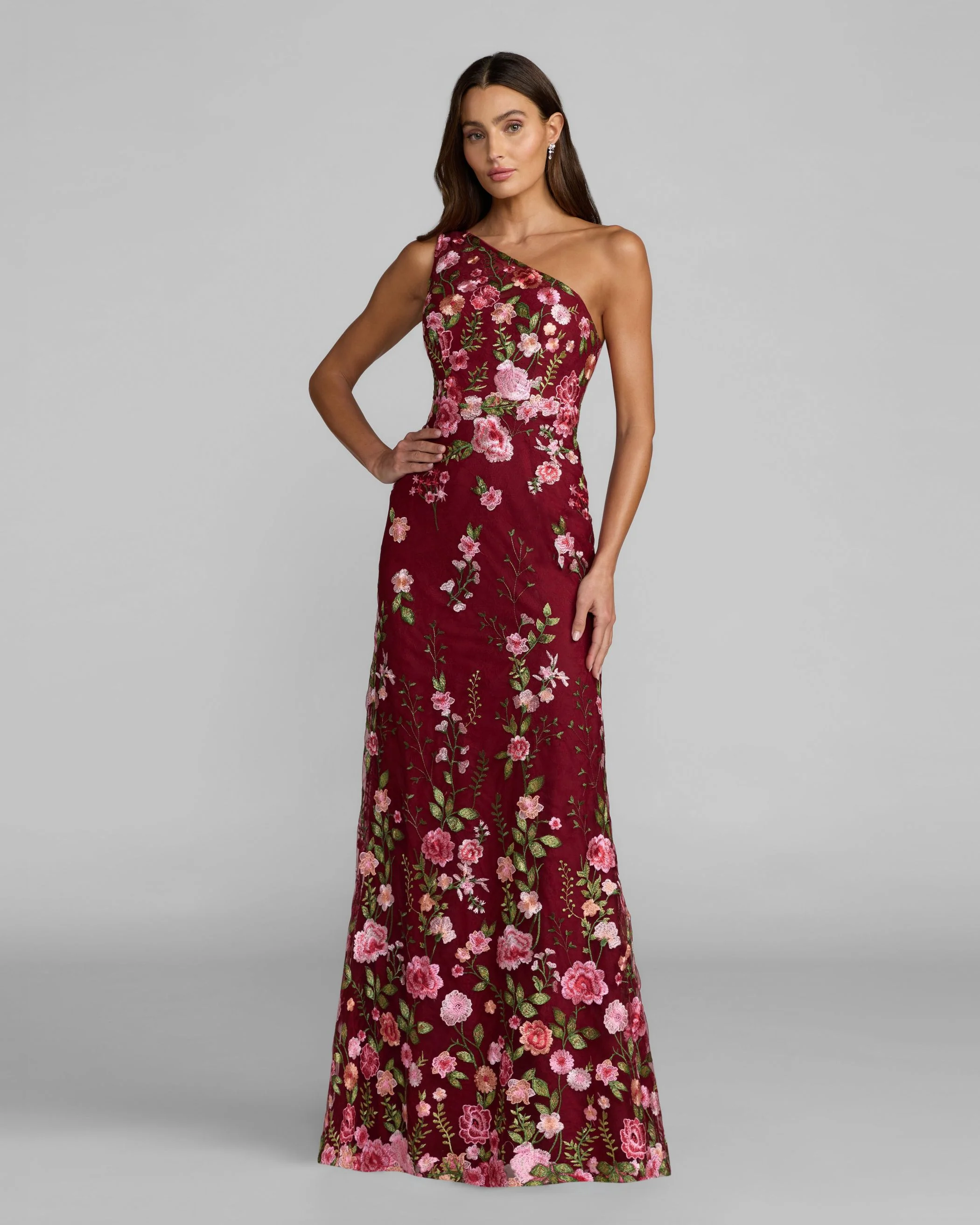 Red One Shoulder Floral Embroidered Gown - Special Events Unlimited